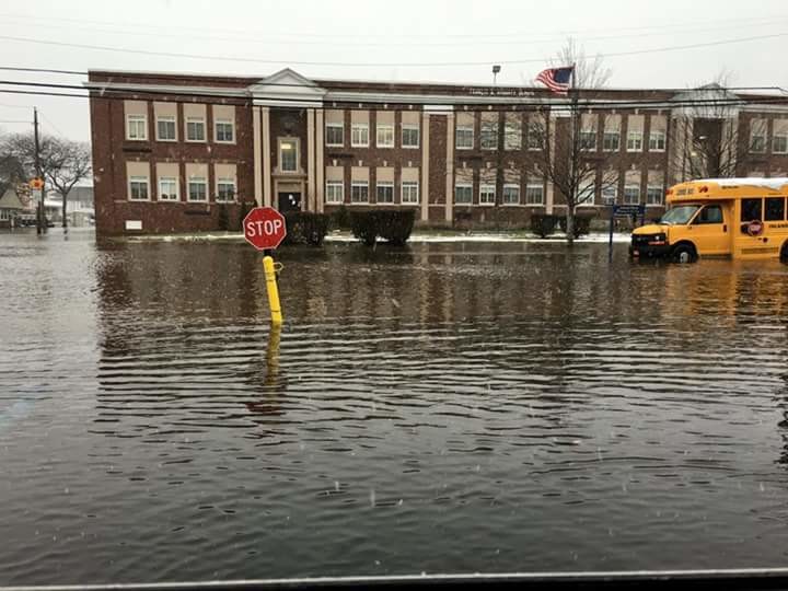 Flooding was so severe at Francis X. Hegarty School in Island Park on Monday it resembled a river.
