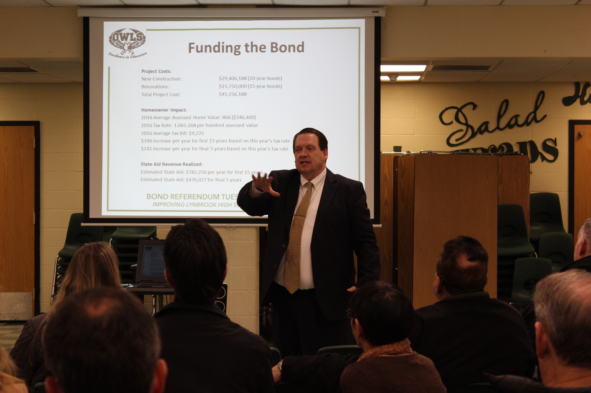 Paul Lynch, the assistant superintendent for finance, operations, and information systems, briefly explained how the $45 million bond is calculated before taking questions from the audience.