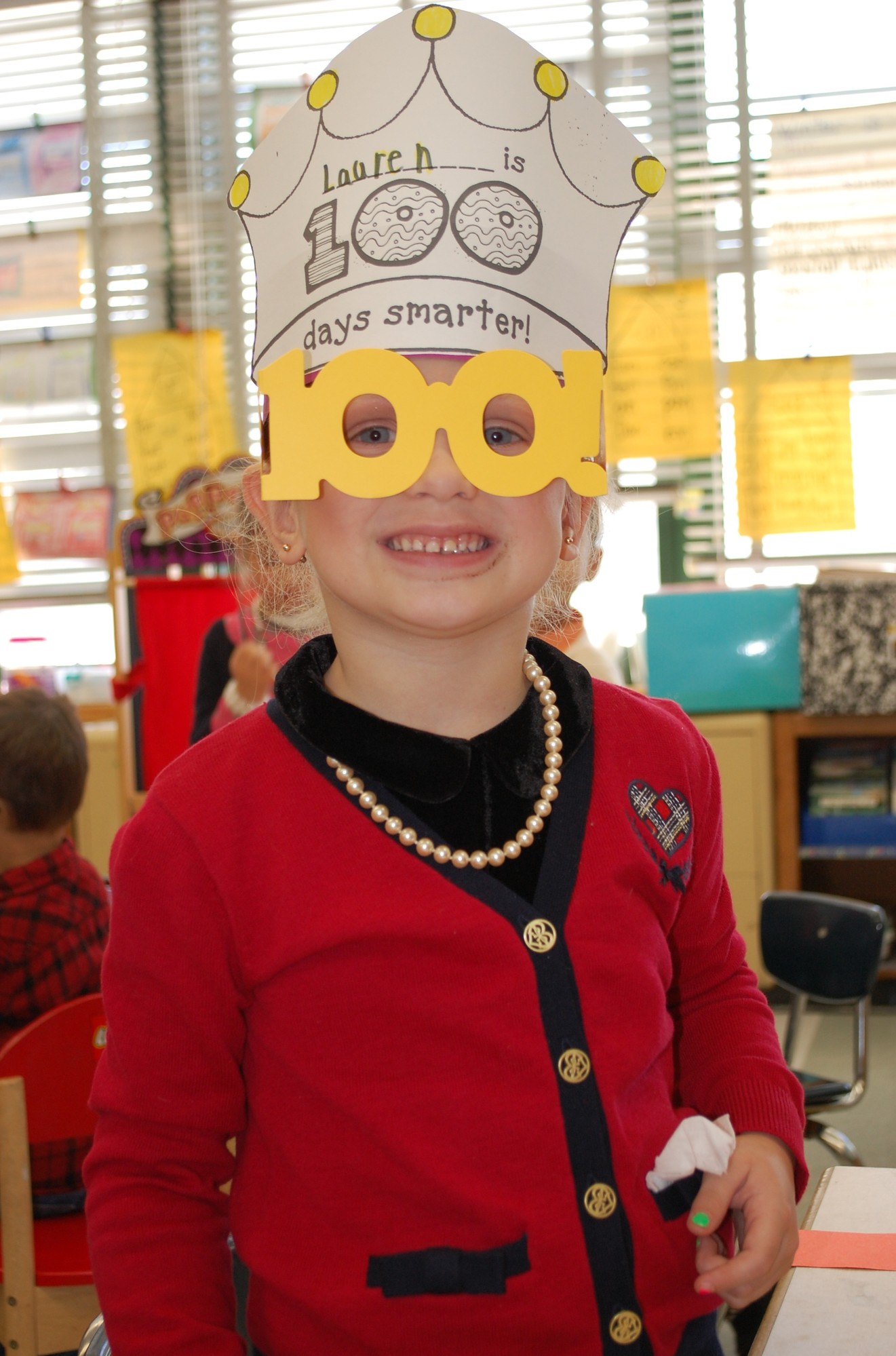 Lauren deHaan, a kindergartner at the Seaford Manor School, celebrated the day with a special hat and glasses.