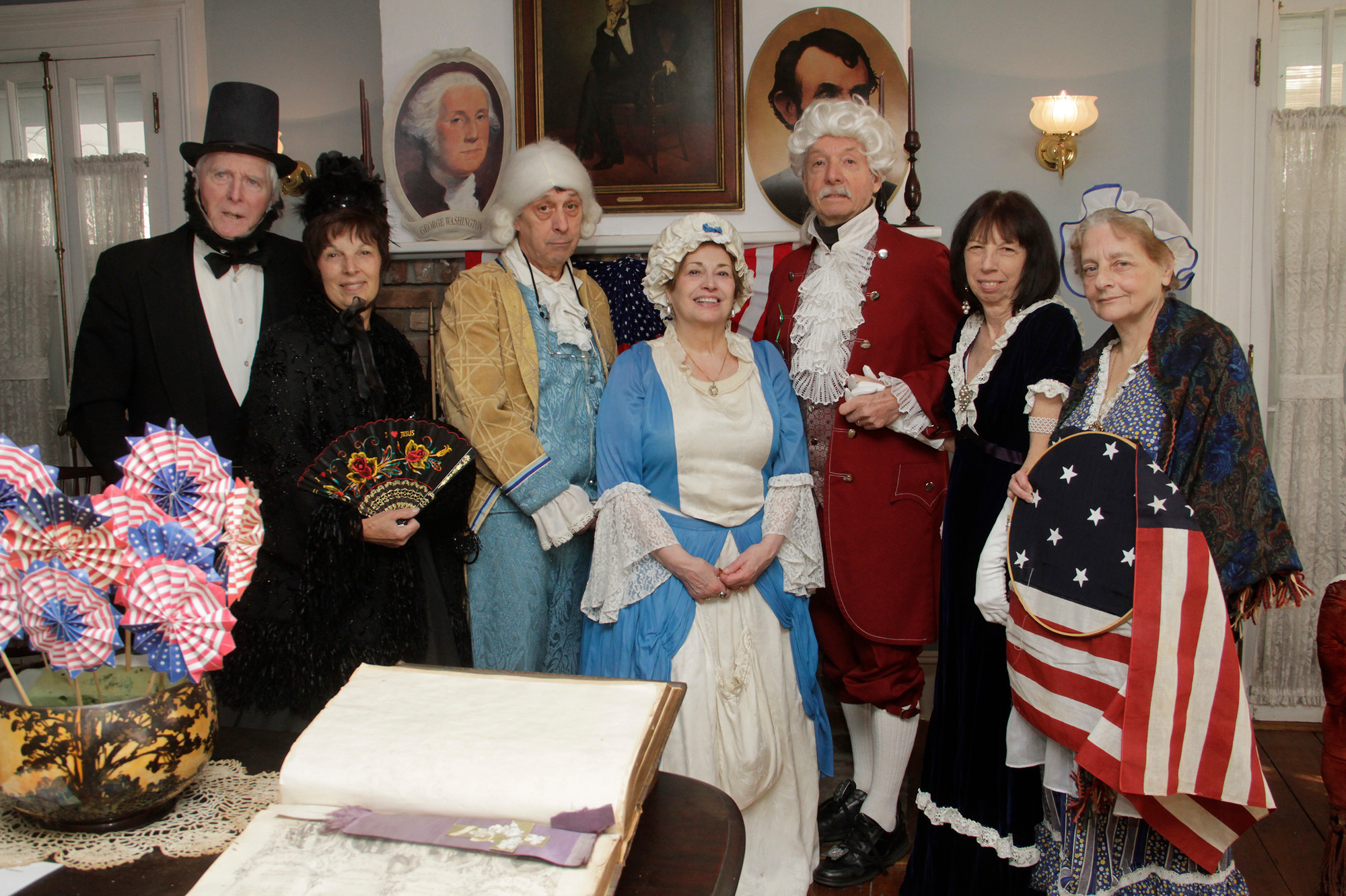 Pagan-Fletcher Characters Abe Lincoln, Susan McKean as Mary Todd Lincoln, Angelo LaCalandra as George Washington, Karen Selah as Martha Washington, Guy Ferrara  as General Lafayette, Valerie Esposito as Madame Lafayette and Catherine Dellis as Betsy Ross.