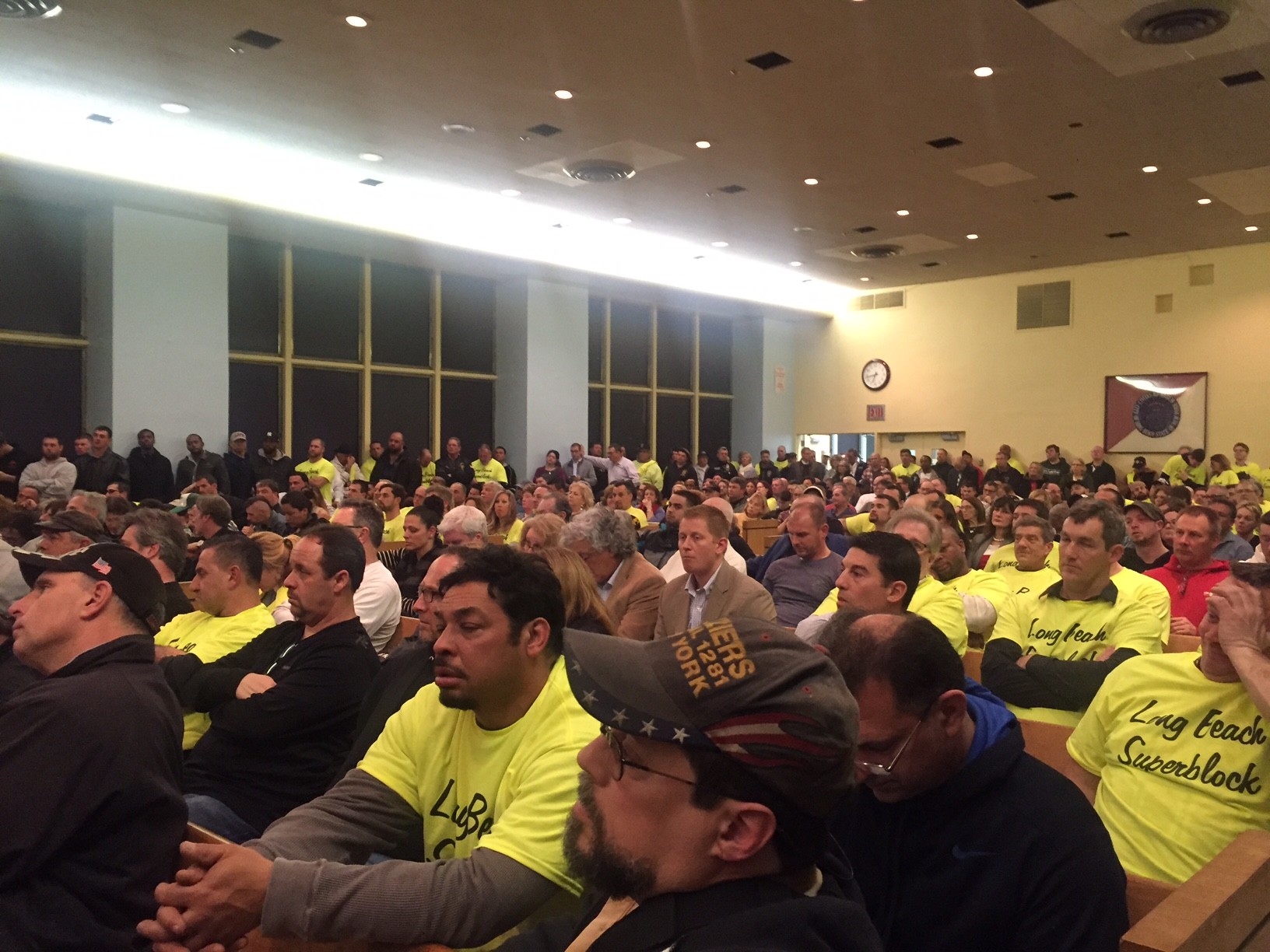 The sixth-floor auditorium of City Hall was filled to its 415-person limit, though officials said that a total of 700 and 800 people attended throughout the night. The Nassau County Fire Marshal was on hand to make sure the room never exceeded capacity, officials said.