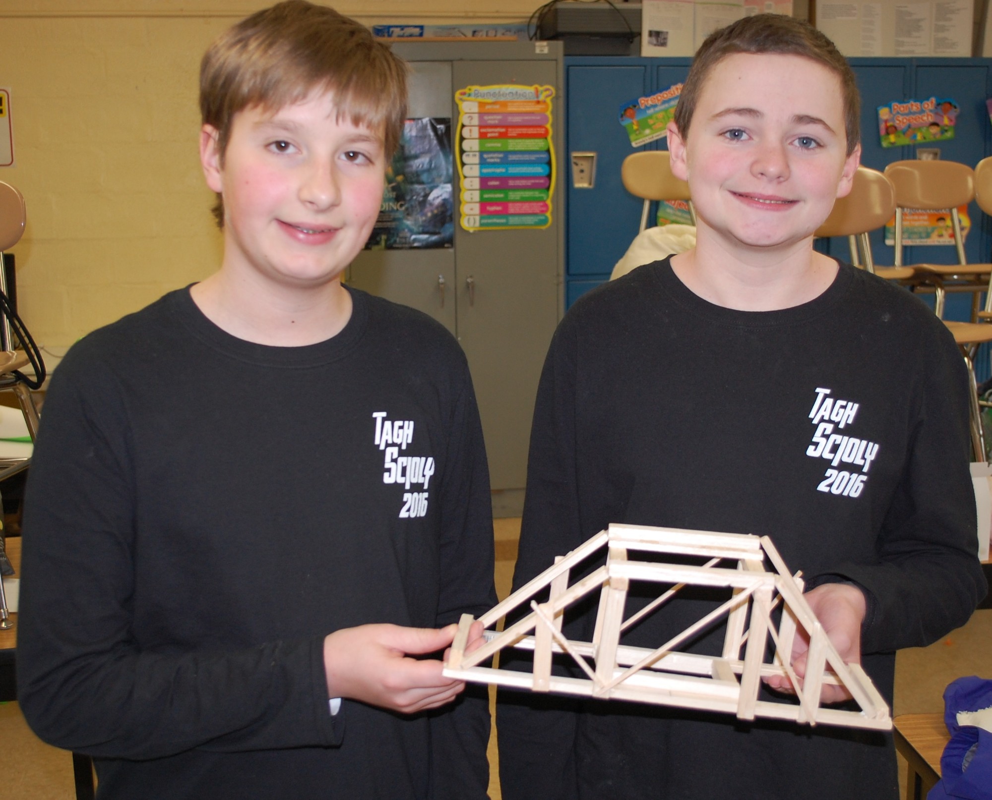 Wantagh Middle School teammates Will Hostetter, left, and Kevin McBride with the bridge they made.