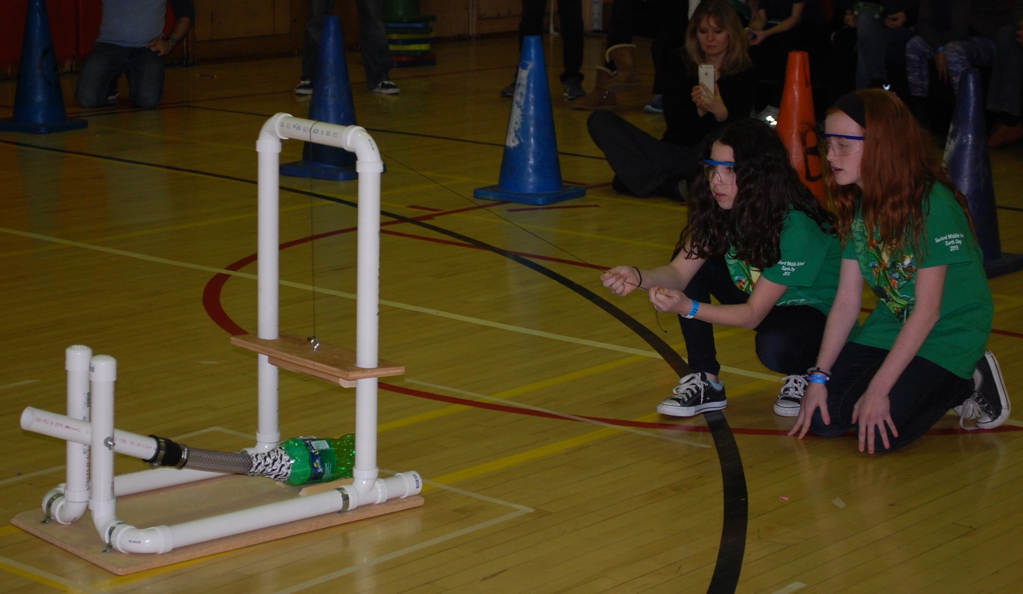 Hailey Galison and Sarah Keane tested their machine for Seaford in the air trajectory event at the regional Science Olympiad competition on March 5.