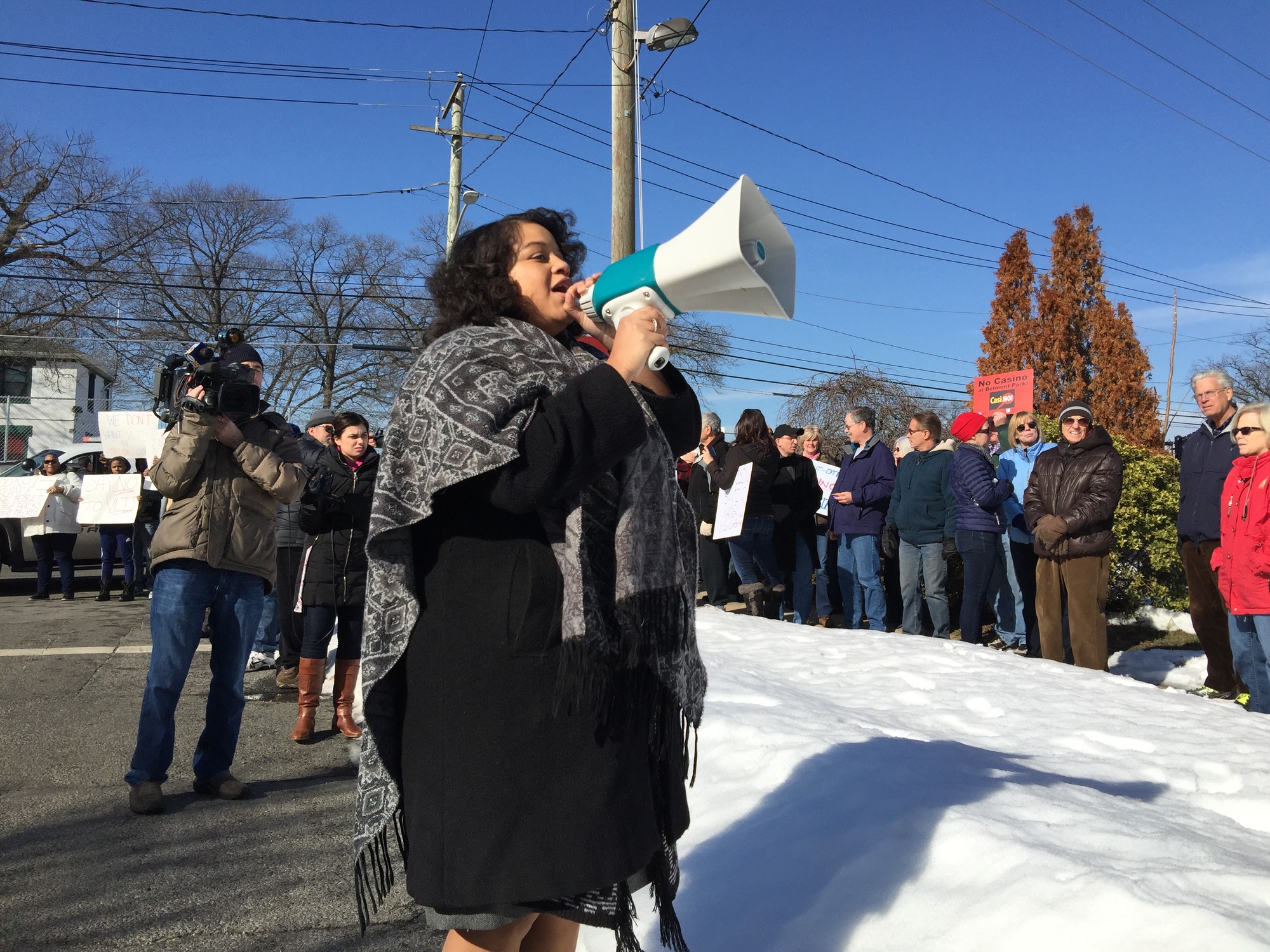 State Assemblywoman Michaelle Solages spoke at an anti-VLT rally on Jan. 30. A bill to repeal legislation allowing VLTs on Long Island was introduced in the State Senate on March 17. She co sponsored a similar bill in the Assembly.