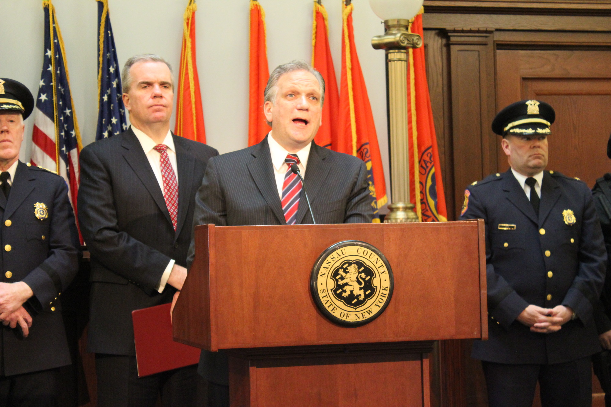 Nassau County Executive Edward Mangano held a press conference on March 23 to address increased patrols throughout the county in response to the terrorist attacks in Belgium on Tuesday.