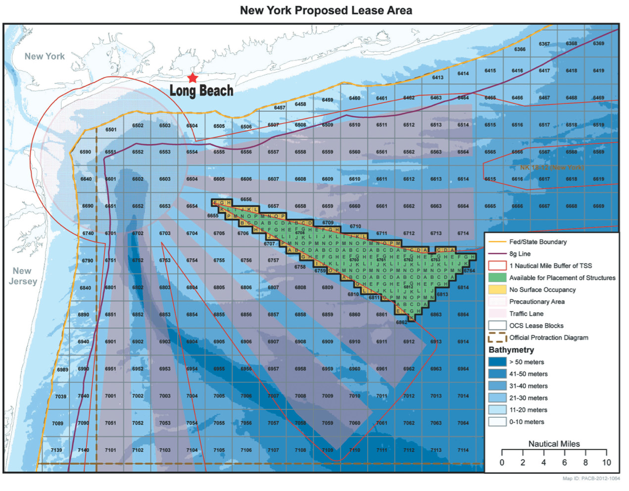 The Bureau of Ocean Energy Management has designated an 81,000-acre site (pictured in green) in federal waters off the coast of Long Beach for potential wind energy development. It could be a decade before wind turbines are built, however, pending a lengthy review and approval process. Courtesy Bureau of Ocean Energy Management