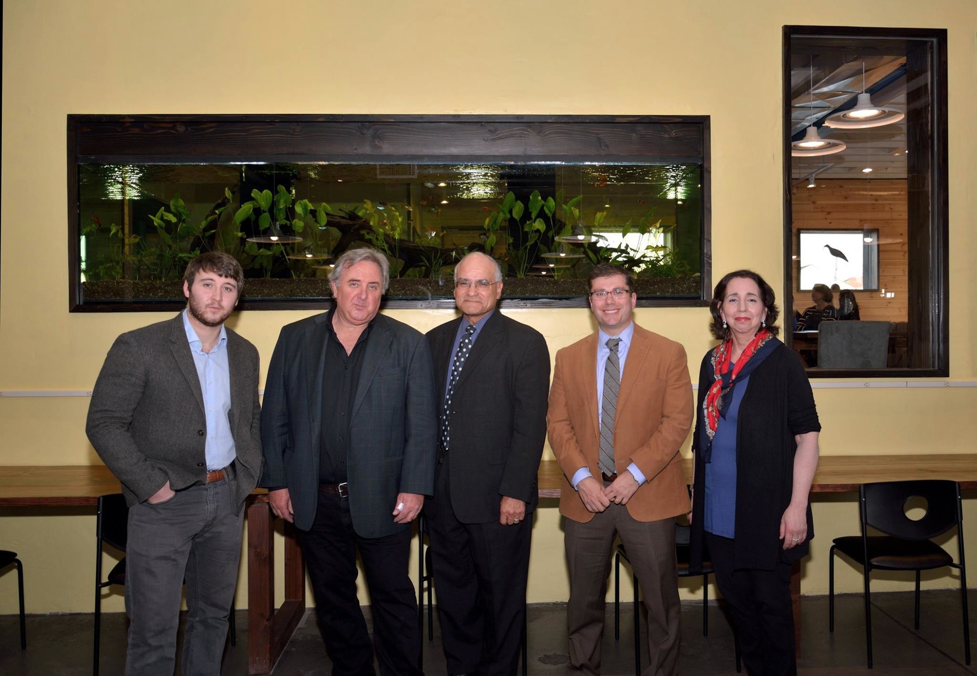 Bridgeworks co-founder Graham Beck, left, with his father and co-founder Phil Beck, City Council President Len Torres, City Manager Jack Schnirman and Long Beach’s director of economic development, Patricia Bourne, at the facility’s opening networking reception on March 23.