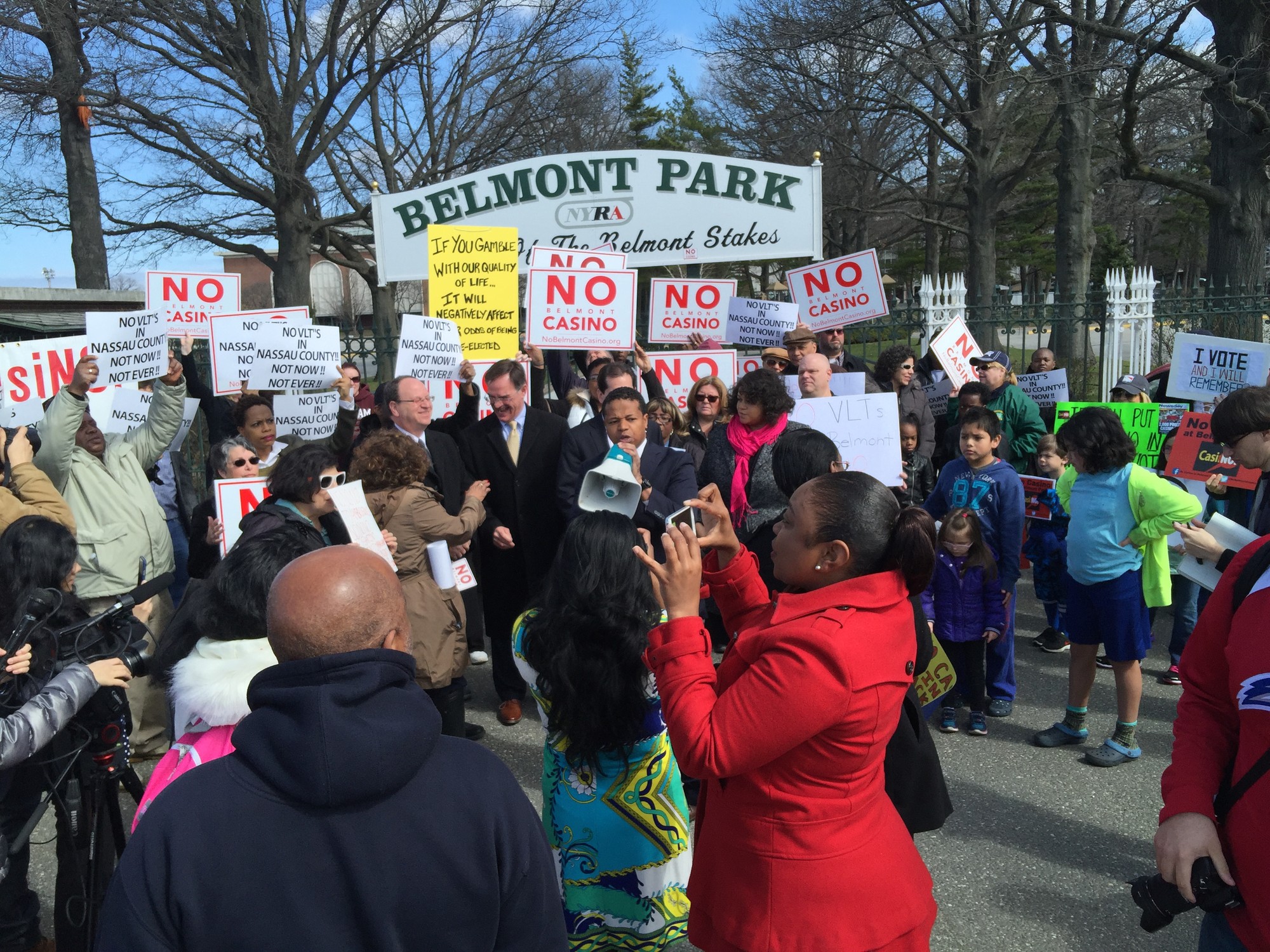 Protestors rallied outside of Gate 3 at Belmont Park on March 26 to urge state lawmkers to support two bils banning VLTs on Long Island.