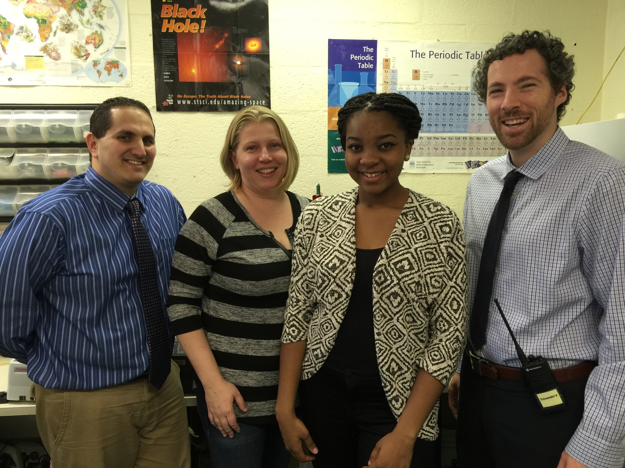 Augusta is the first student in Elmont High’s history to be named an Intel finalist. She is pictured above with, from left, science research advisers David Spinnato and Michelle Flannery and Principal Kevin Dougherty.