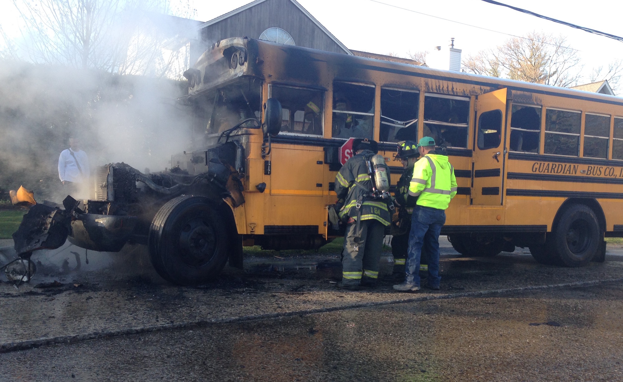 Flames engulfed the bus, which was a total loss. Merrick firefighters needed about five minutes to put out the blaze.