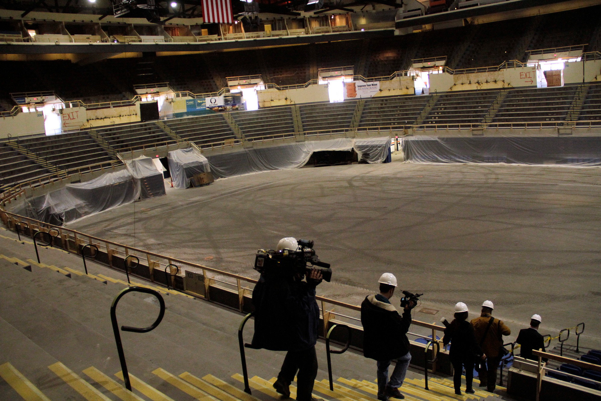 News crews got a glimpse of the empty bowl of the Nassau Veterans Memorial Coliseum, which is under construction.