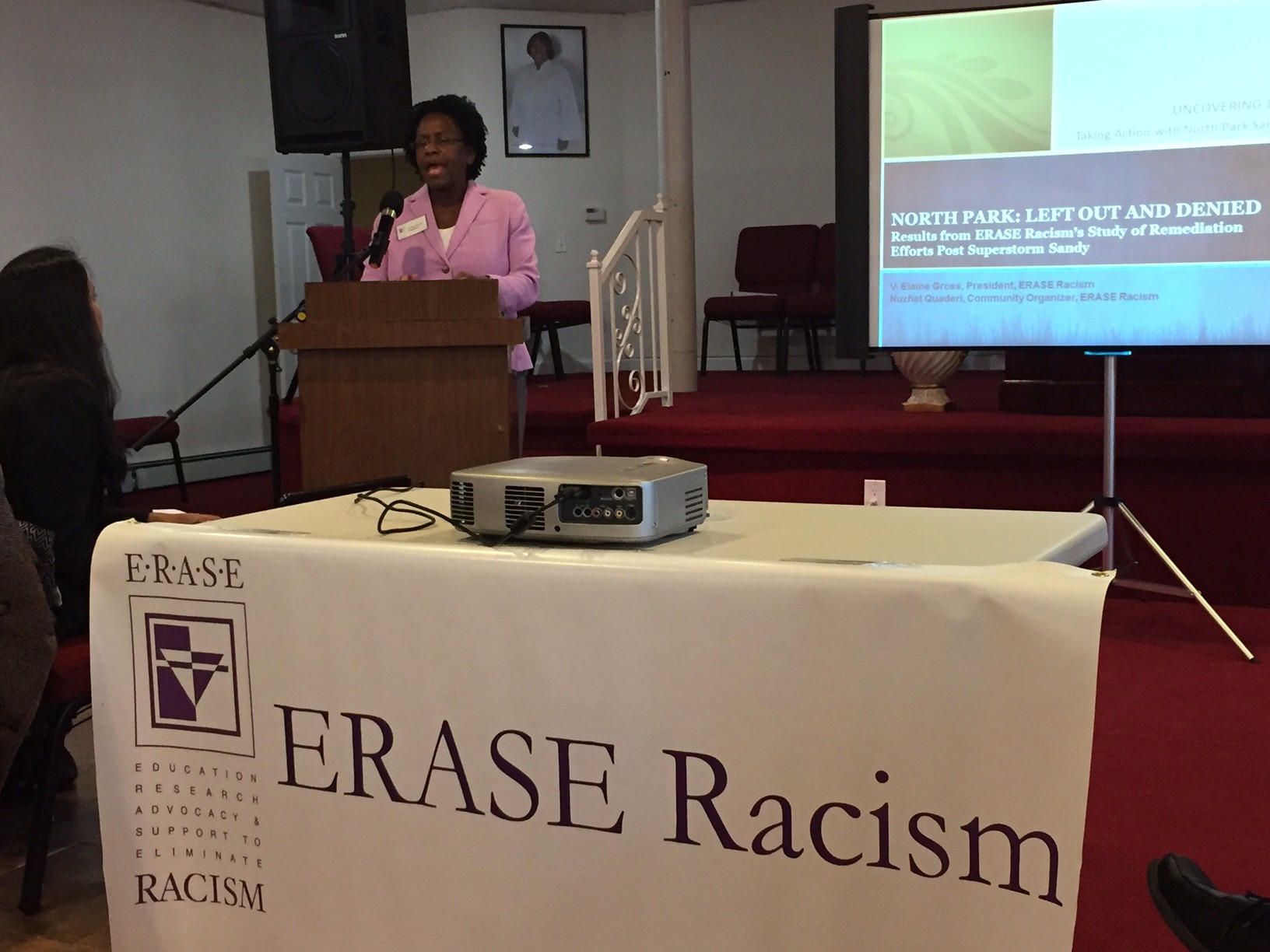 Elaine Gross, president of ERASE Racism, presented the study’s findings at last week’s meeting.