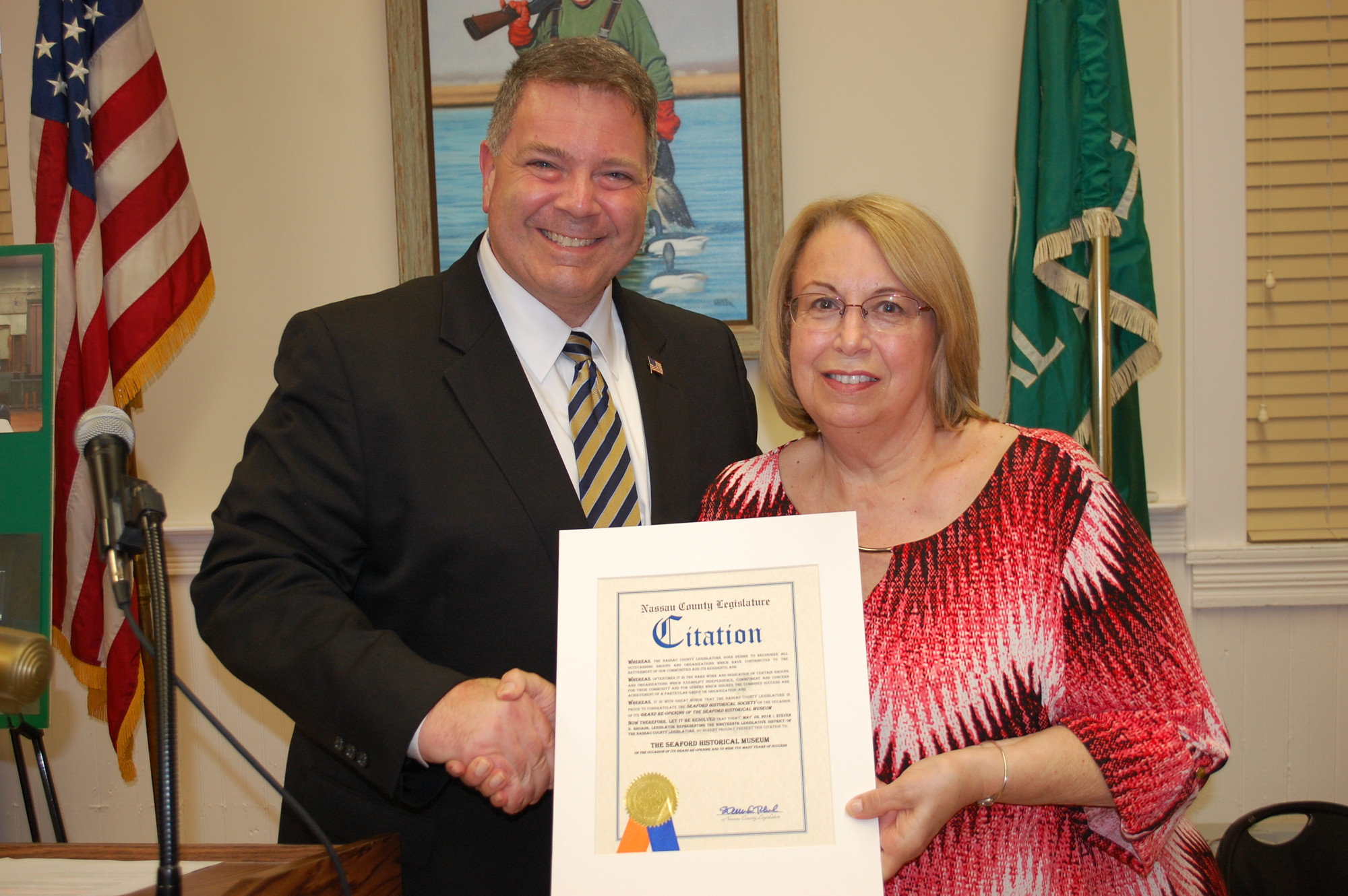 County Legislator Steve Rhoads presented a citation to Historical Society President Judy Bongiovi.