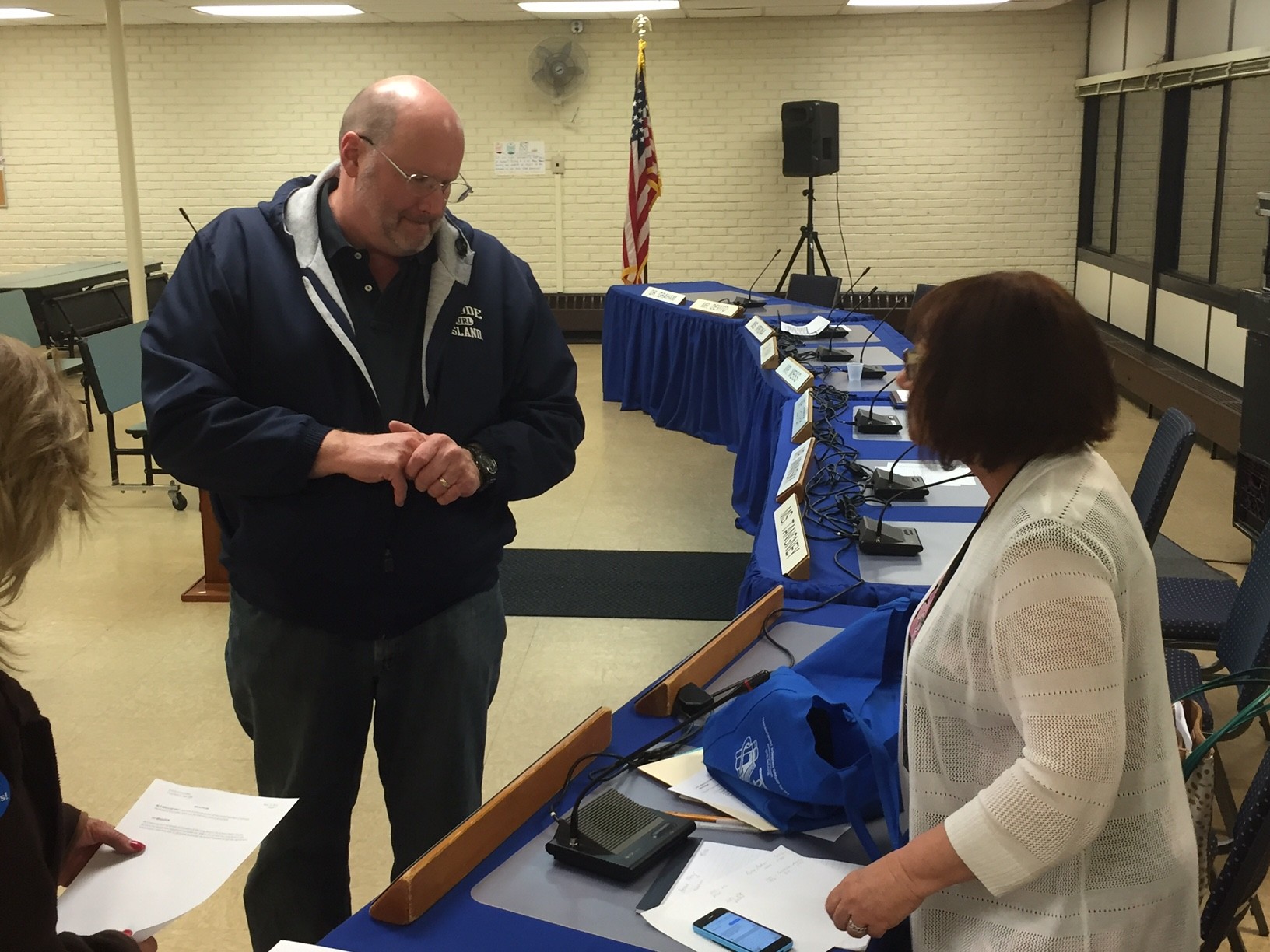 Perry Bodnar, left, met with District Clerk Carol Butler, who announced his victory in the school board election minutes earlier on Tuesday night.