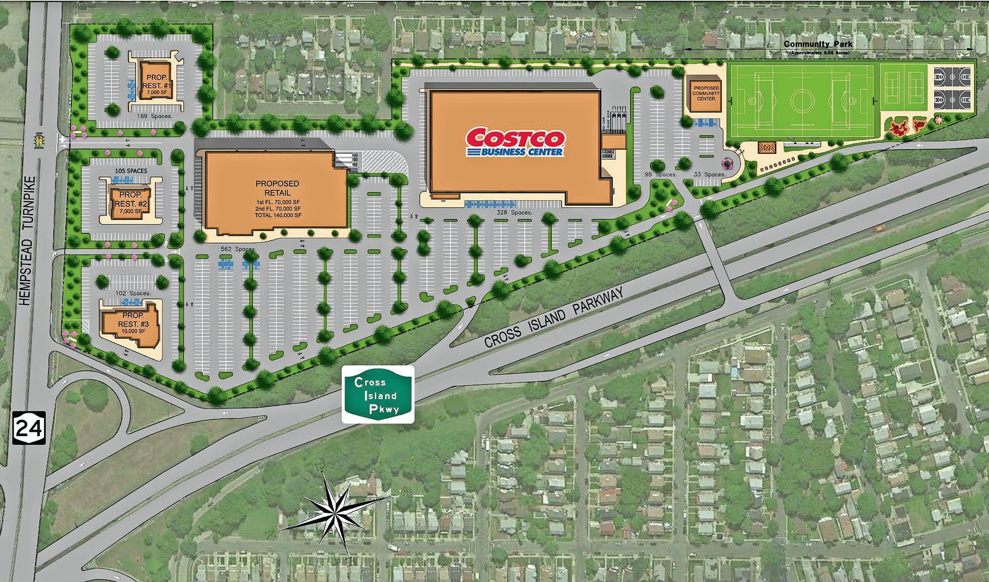 the Blumenfeld Development Group’s plan for Belmont Park consists of a smaller Costco along with restaurants, retail space and a recreation center.
