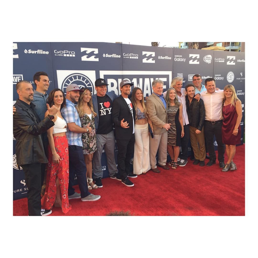 Will Skudin, center, his brother, Cliff, to his left, and other family members and friends attended the World Surf League’s Big Wave Awards ceremony in California last month.