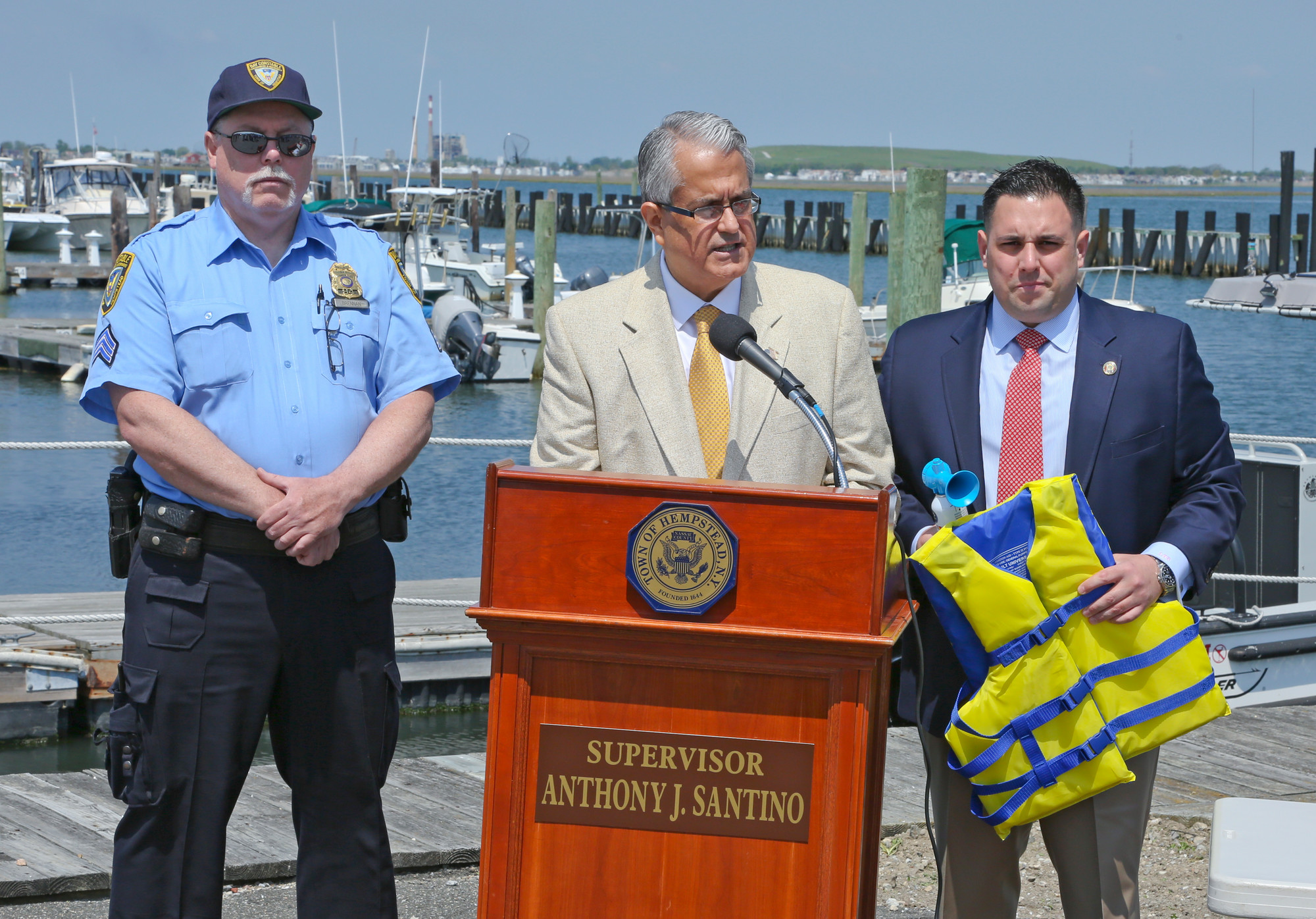 Hempstead Town Supervisor Anthony Santino announced at a press conference in Point Lookout that the town's bay constables would be stepping up patrols over the Memorial Day weekend to spot those boating while intoxicated. (Photo courtesy Town of Hempstead)