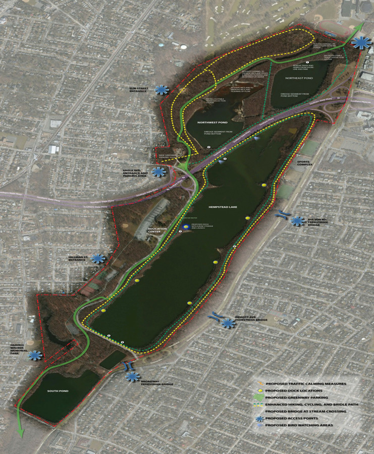 The modified Rebuild by Design plans call for making many modifications to Hempstead Lake State Park, including redoing the trails, adding entrances, creating pedestrian bridges on Peninsula Boulevard and more.