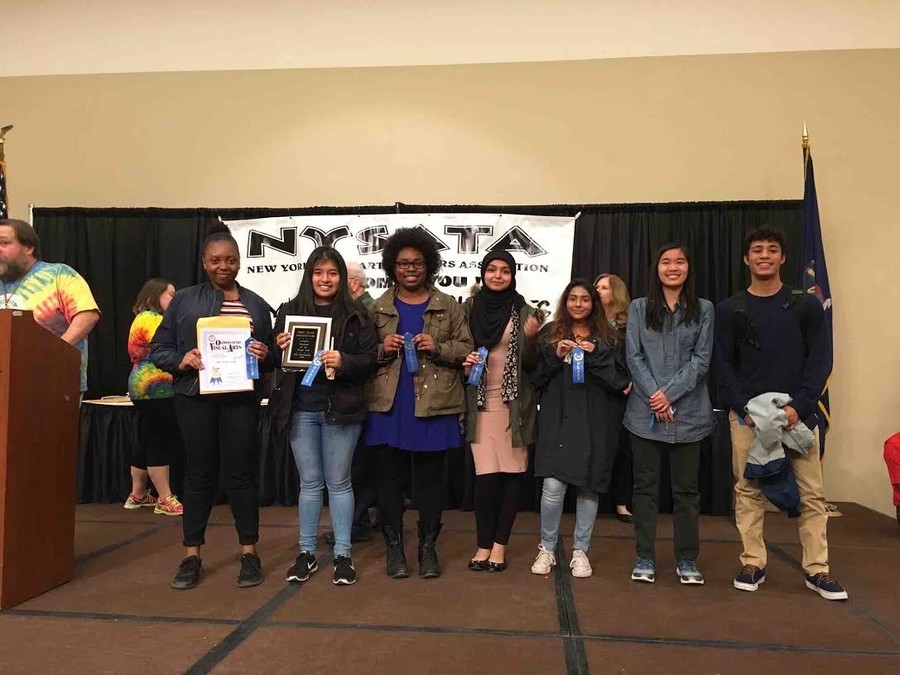 The Central High School team that competed at the Olympics of the Visual Arts competition in Saratoga Springs, from left, Nicole Noel, Natalia Bermeo, Ayanna Gittens, Aaraa Motiwala, Kimberly Rambarran, Cathleen Liang and Grey Lancaster. Not pictured is Thieren Fraser.