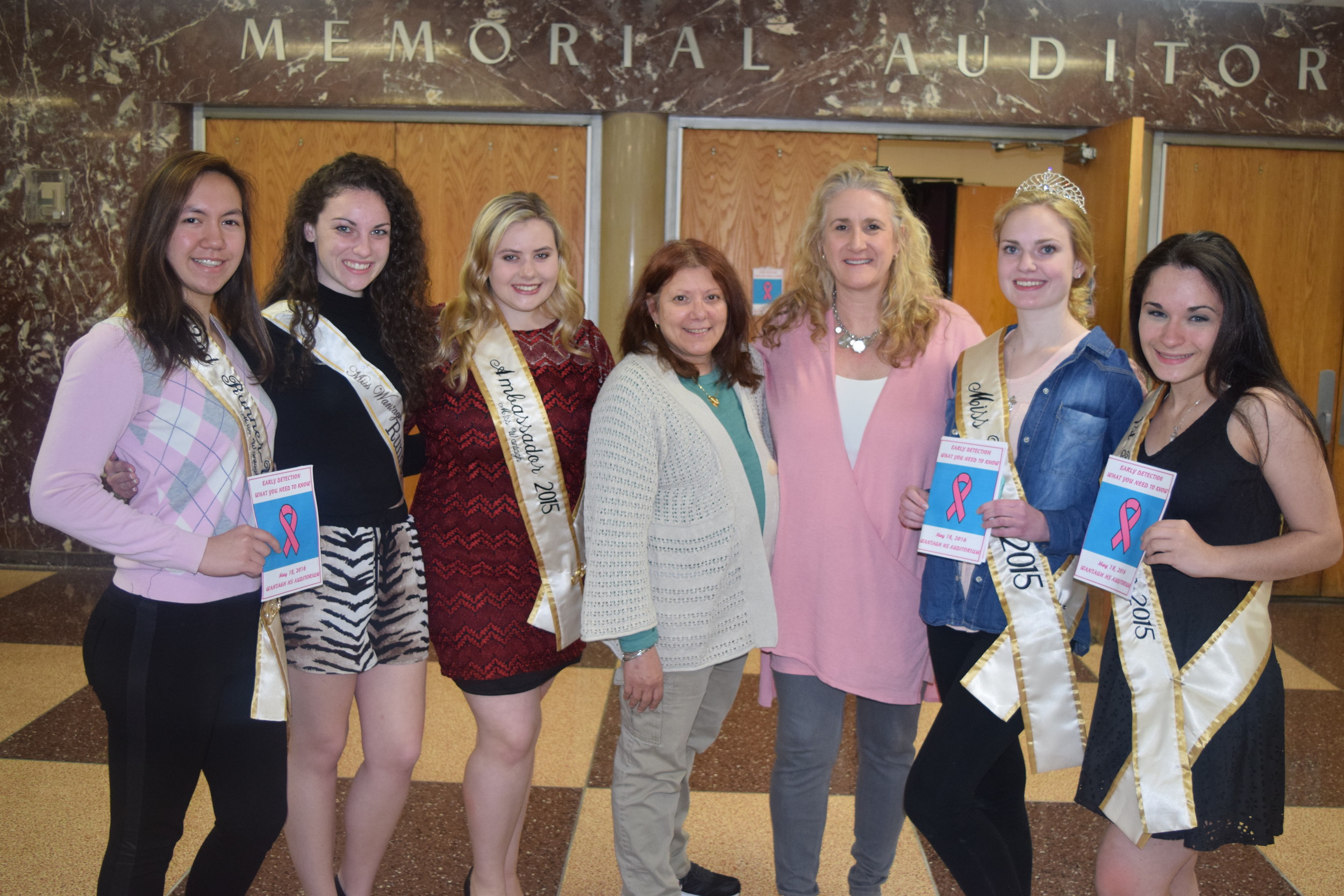 The Miss Wantagh Court attended the event in support of Emma Carey’s community mission. From left were Nyatasha Jackowicz, Nicole Ninivaggi, Carey, breast cancer survivor Dolores Persky, health education teacher Lisa Fugazzi, Miss Wantagh Keri Balnis and Ruth Kupperberg.