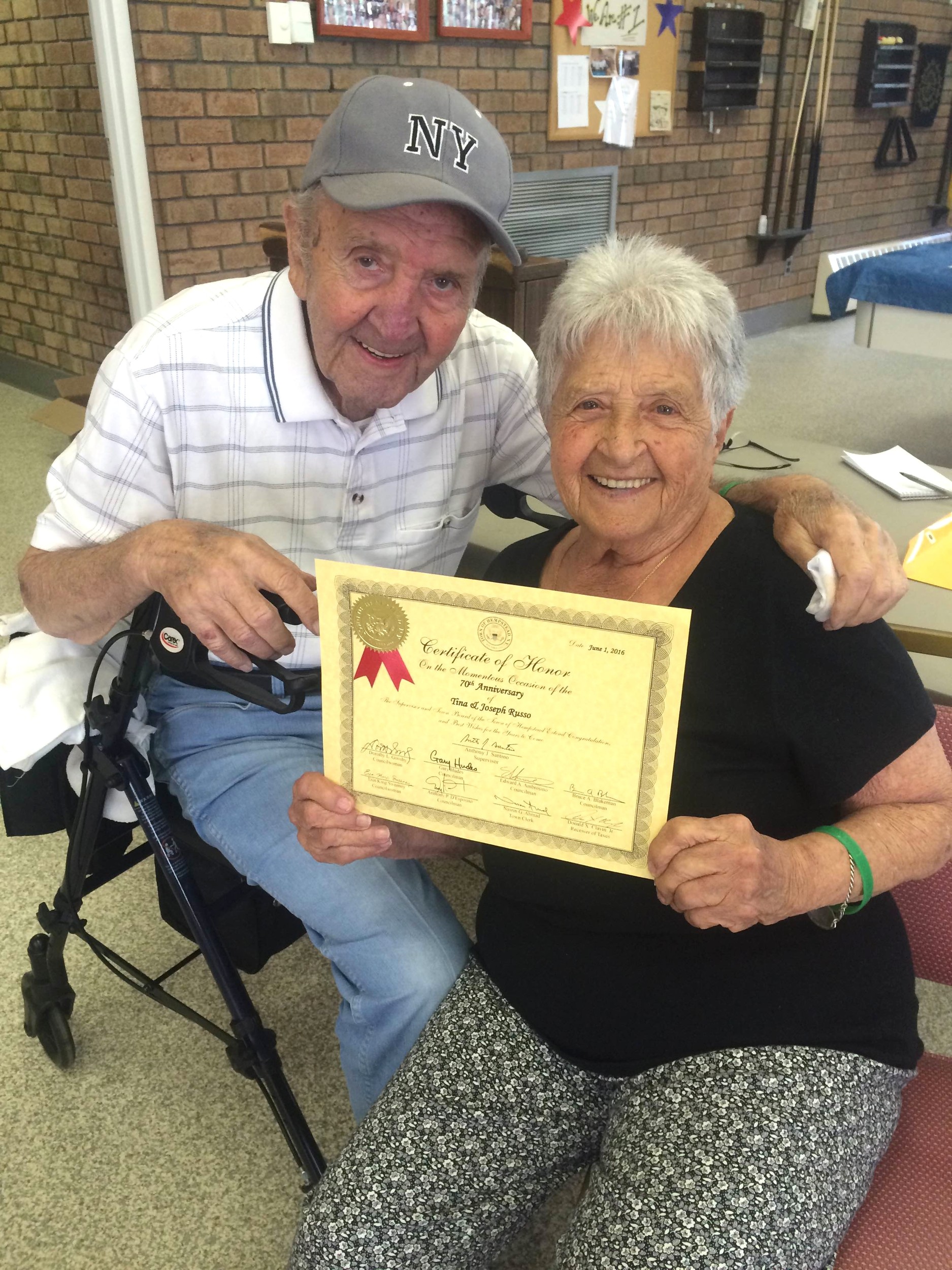 Joseph and Tina Russo celebrated their 70th wedding anniversary on June 1 at the Wantagh-Seaford Senior Center and were presented with a certificate from the Town of Hempstead.