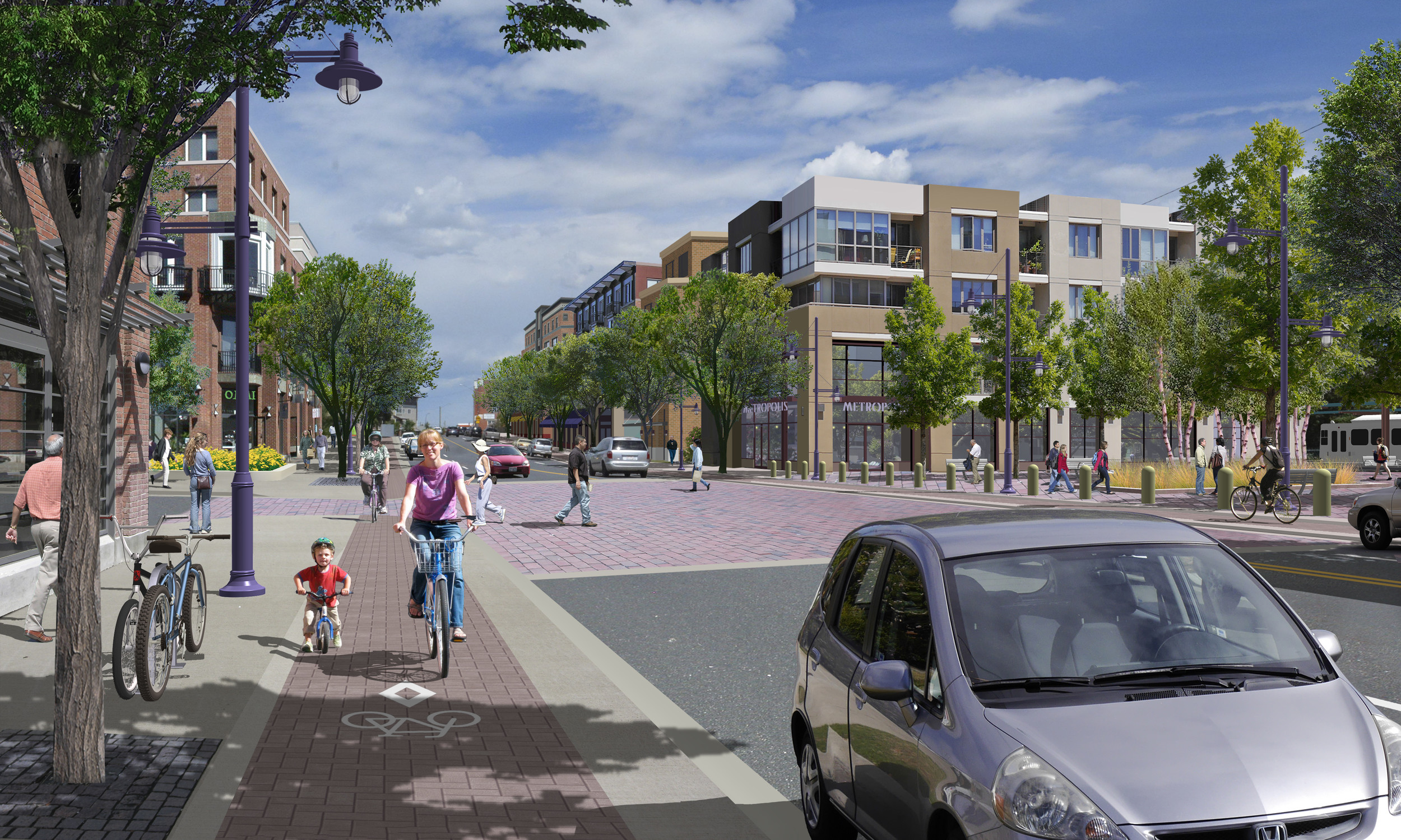 An example of mixed-use development could include designated bike lanes and added greenery.