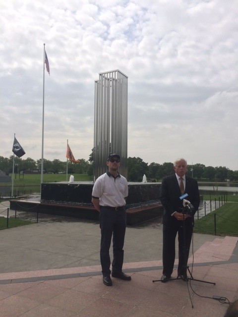 Jay Winuk, left, and State Assemblyman Charles Lavine announced on May 31 that the county would receive state capital funding to restore the 9/11 Memorial.