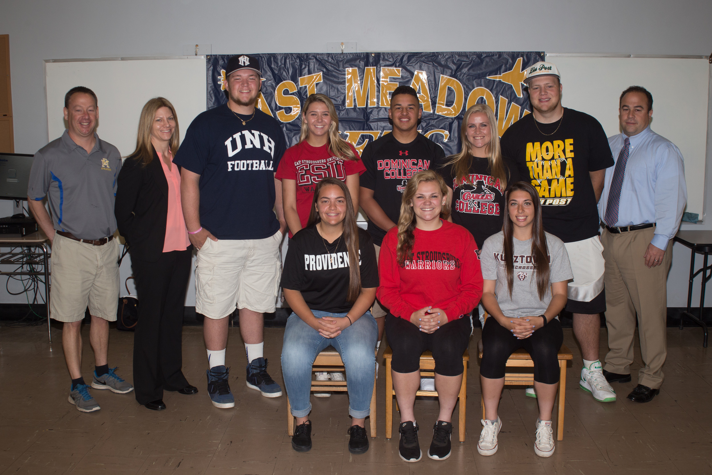 During East Meadow High School’s senior athlete commitment ceremony, eight students took the next step in their academic journeys as they announced their college plans.