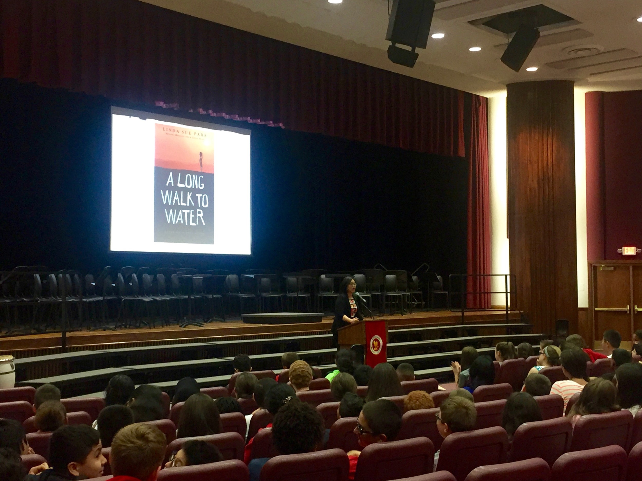 Linda Sue Park, author of “A Long Walk to Water,” spoke to Woodland Middle School students on June 3.