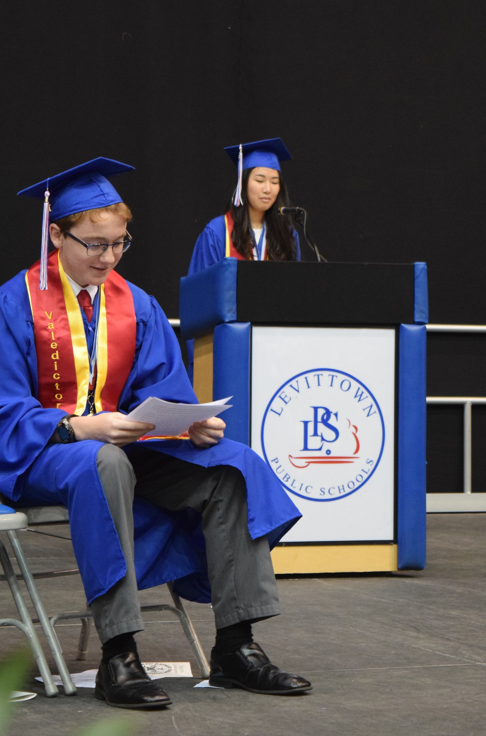 Valedictorian Gregory Matousek, who will be attending Stony Brook University and Salutatorian Ashley Kim, who will be attending Brown University, made remarks to their fellow graduates.