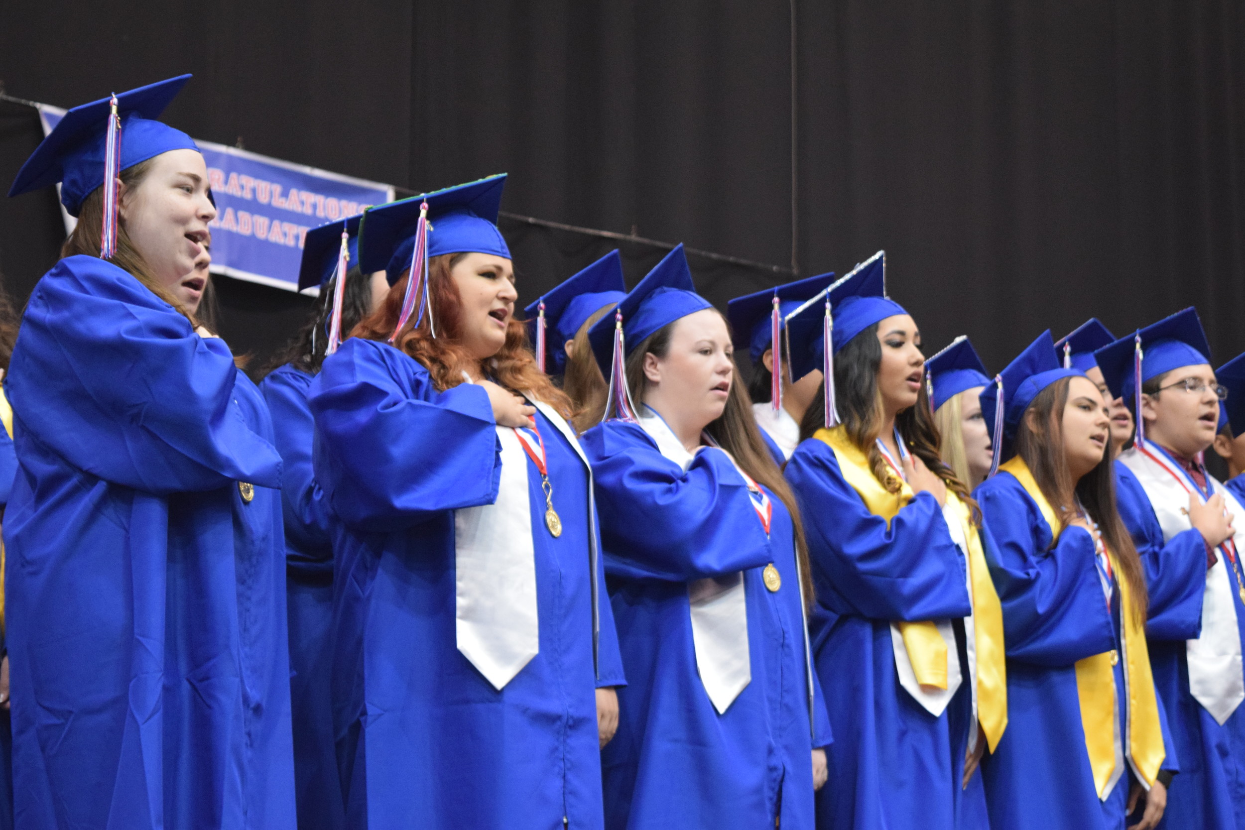 Senior members from the chorus sang the “Star-Spangled Banner” to open up the graduation ceremony.