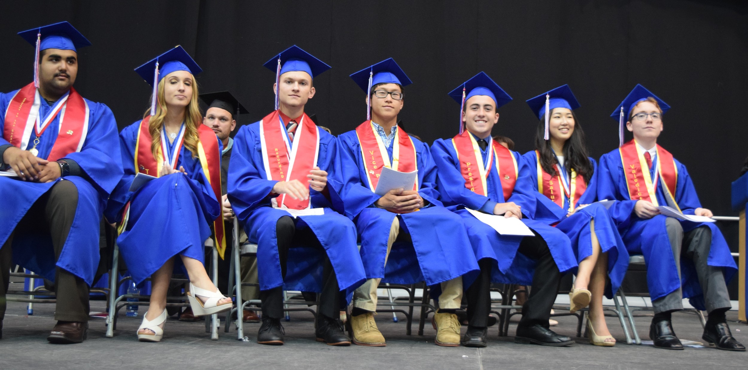 Students on Stage for MacArthur’s graduation ceremony included class officers, the valedictorian and salutatorian.