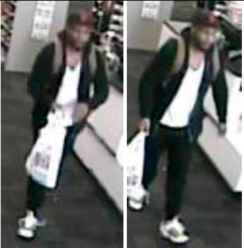 A surveillance video image of the man who shoplifted more than $1,600 from Staples in Oceanside.