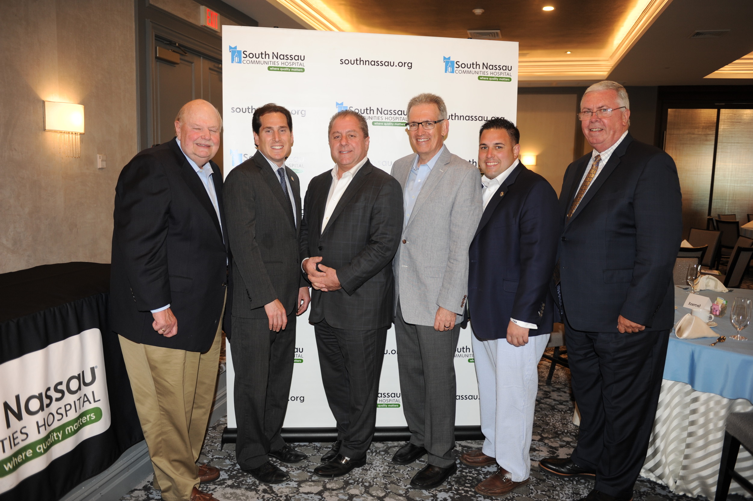 Joseph Fennessy, chairman of South Nassau Communities Hospital’s board of directors, far left; State Sen. Todd Kaminsky; Butch Yamali, president of the Dover Group; Wayne Lipton, founder of Concierge Choice Physicians LLC; Town of Hempstead Councilman Anthony D’Esposito; and Richard J. Murphy, the hospital’s president and CEO.