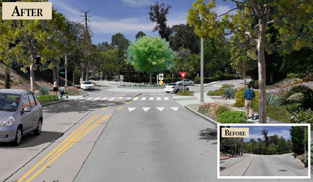 A rendering of a roundabout for a residential area in Pasadena, Calif., shows how the design appears to drivers.