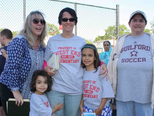Susan Pronko, Class of ’75,  left, Jennifer Aboud, Class of ’80, and Claire Bresnihan, Class of ’75, attended with Jennifer’s children, preschooler Islam, front left, and first-grader Iman.
