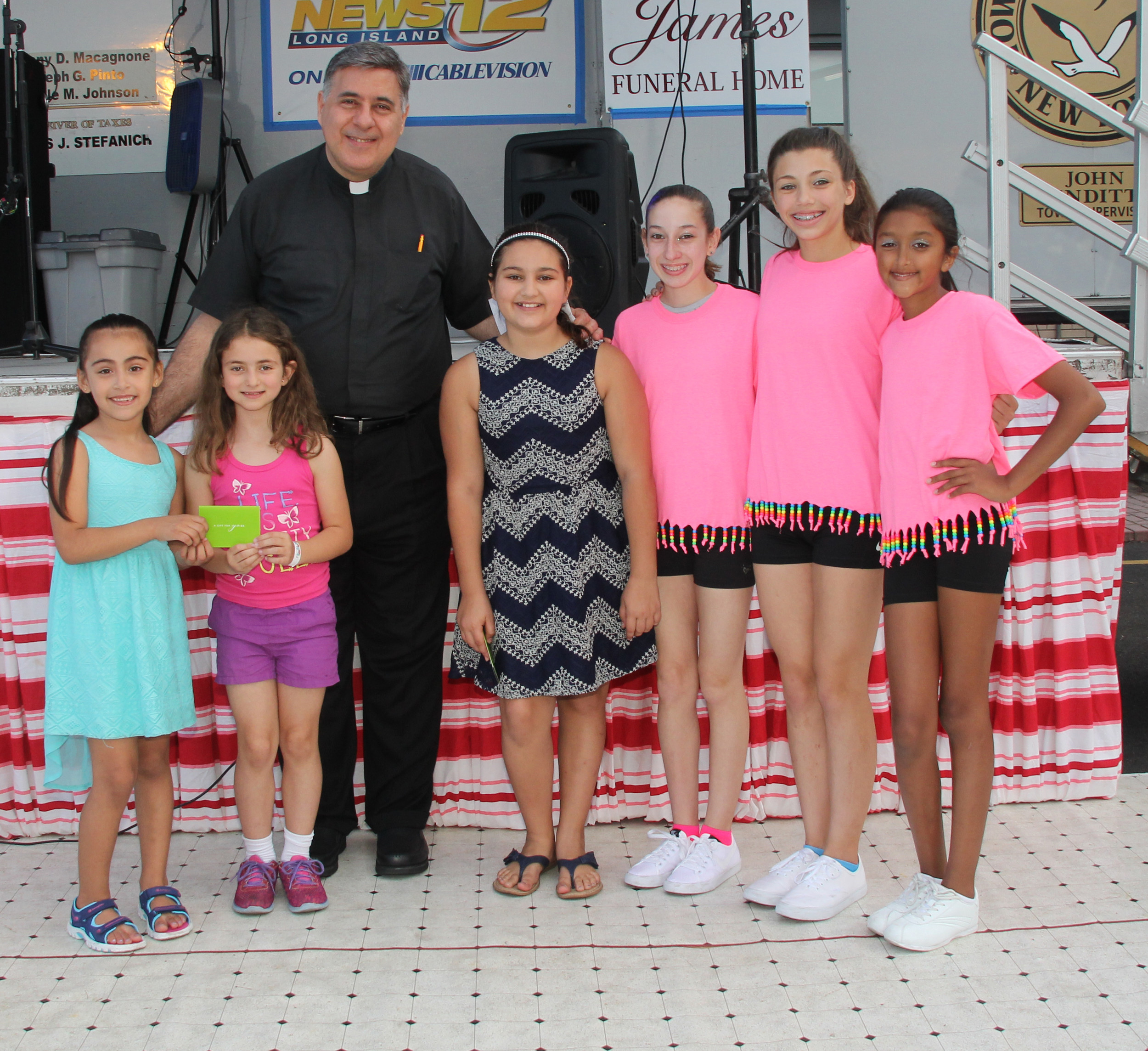 Maria Regina’s Got Talent winners with the Rev. Frank Nelson, pastor were, from left, Sophia Rose Alfieri and Ava Avruzzo (third place) Gabriella Orlando (first place) and Jamie Barrett, Corrine Winter and Savannah Kelter (second place).