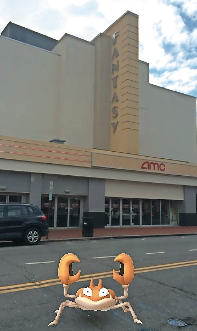A water-type Krabby pokemon outside of the AMC Fantasy 5 movie theater in Rockville Centre. The game makes the creatures look like they’re in the real world.