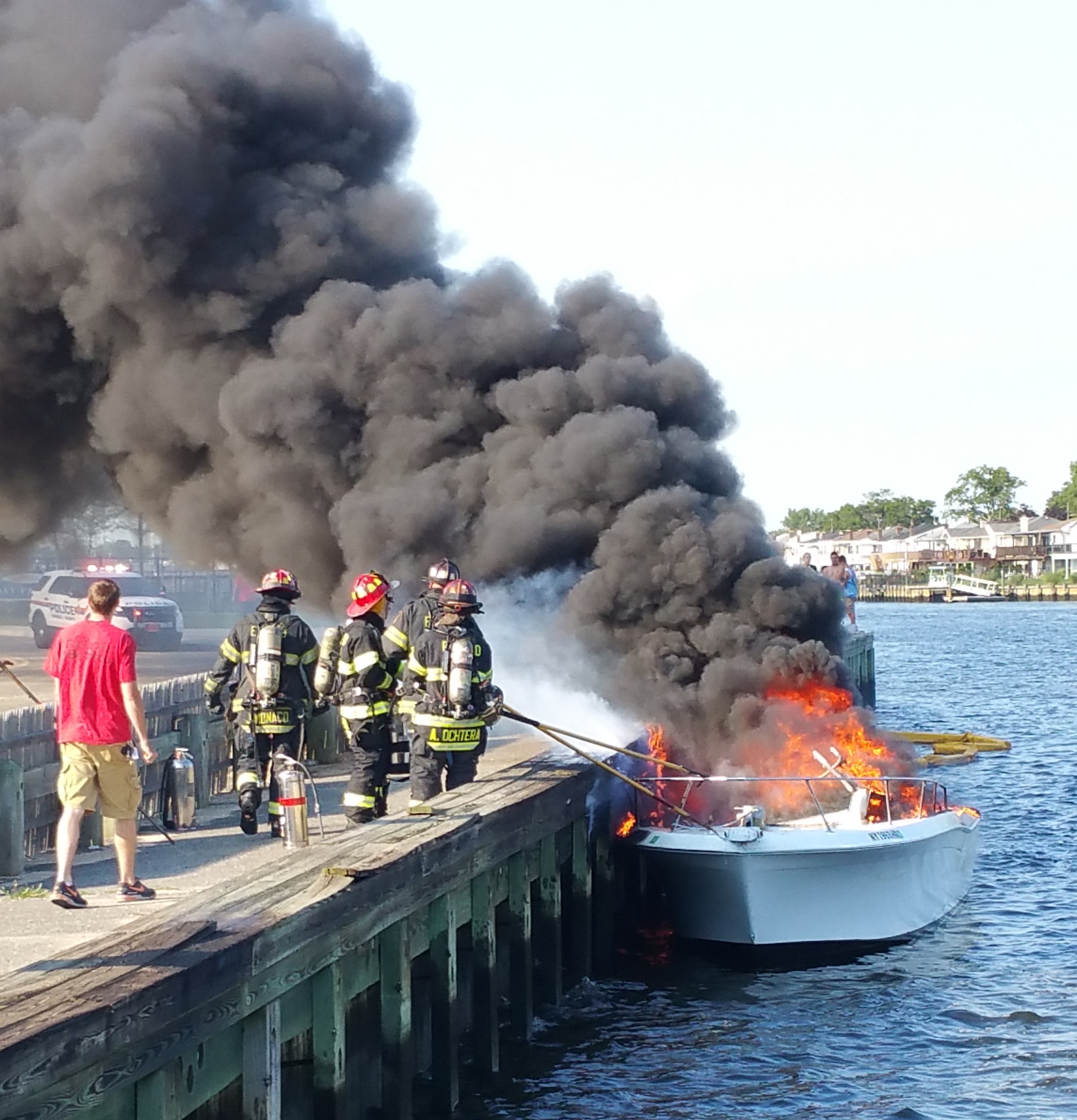 East Rockaway Firefighters battled a boat fire on Wednesday.