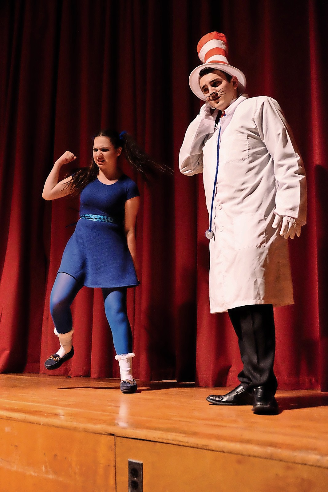 Sophomore Rebecca Goldfarb and senior Dean Klebonas, who played Gertrude McFuzz and the Cat in the Hat, respectively, stole the show during Oceanside High School’s performances of “Seussical the Musical” on Jan. 4, after stepping in for lead actors who were sick.