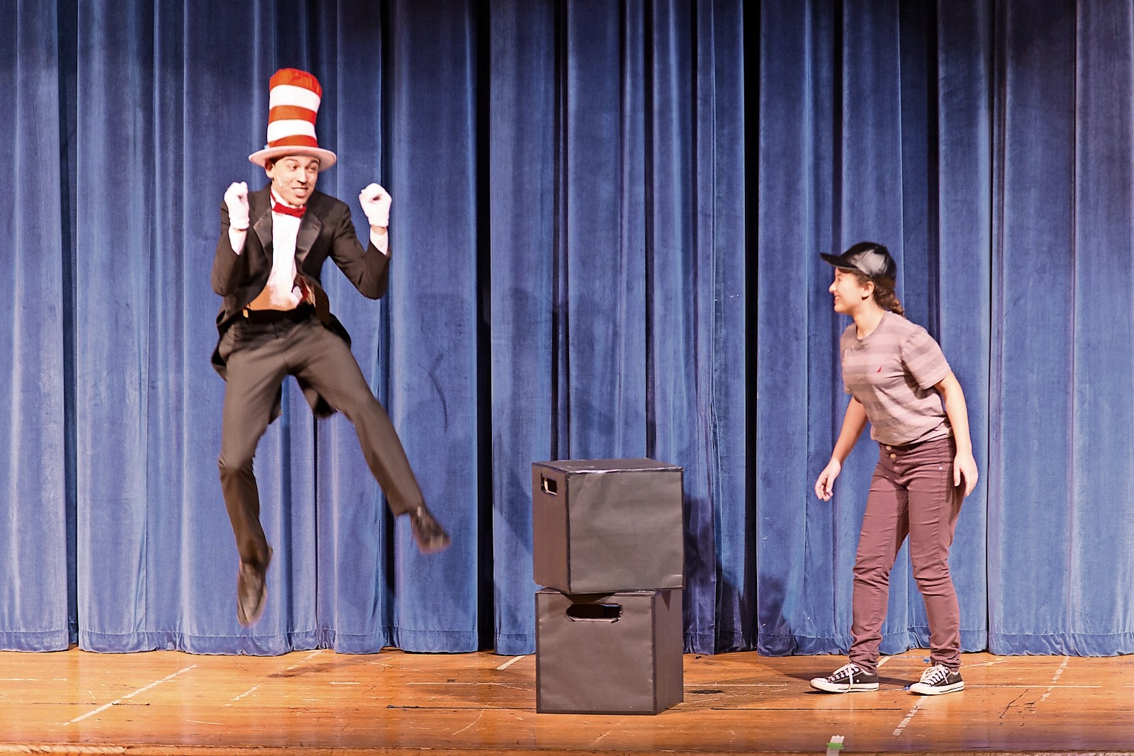 The Cat in the Hat, left, played by Elvezio, with Jojo, played by Thanae Stoupas.