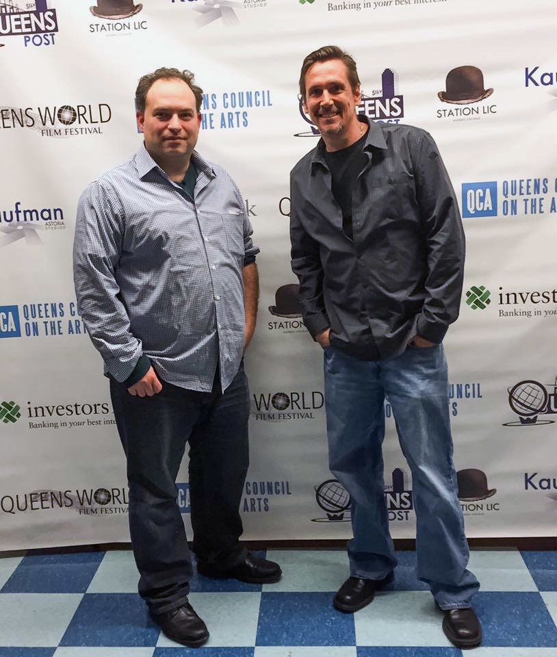 Lee Kolinsky, left, of Bellmore and Joe Halsey, of Trenton, posed at the Queens World Film Festival where their short film, “Junkie Heaven,” premiered.