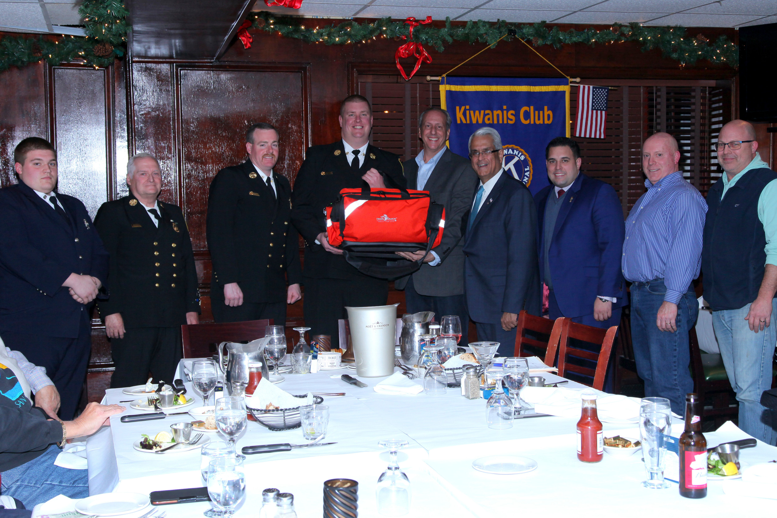 At its monthly meeting in December, Five Towns Kiwanis gave the Valley Stream Fire Department pediatric trauma equipment. From left were Kevin Aliventi, Gene O’Brien II, Brian Ferrucci, First Asst. Chief Jason Croak, Five Towns Kiwanis President Thomas Cohen, Hempstead Town Supervisor Anthony Santino, Councilman Anthony D’Esposito, Kiwanis Secretary Seth Lally and Vice President David Vines.