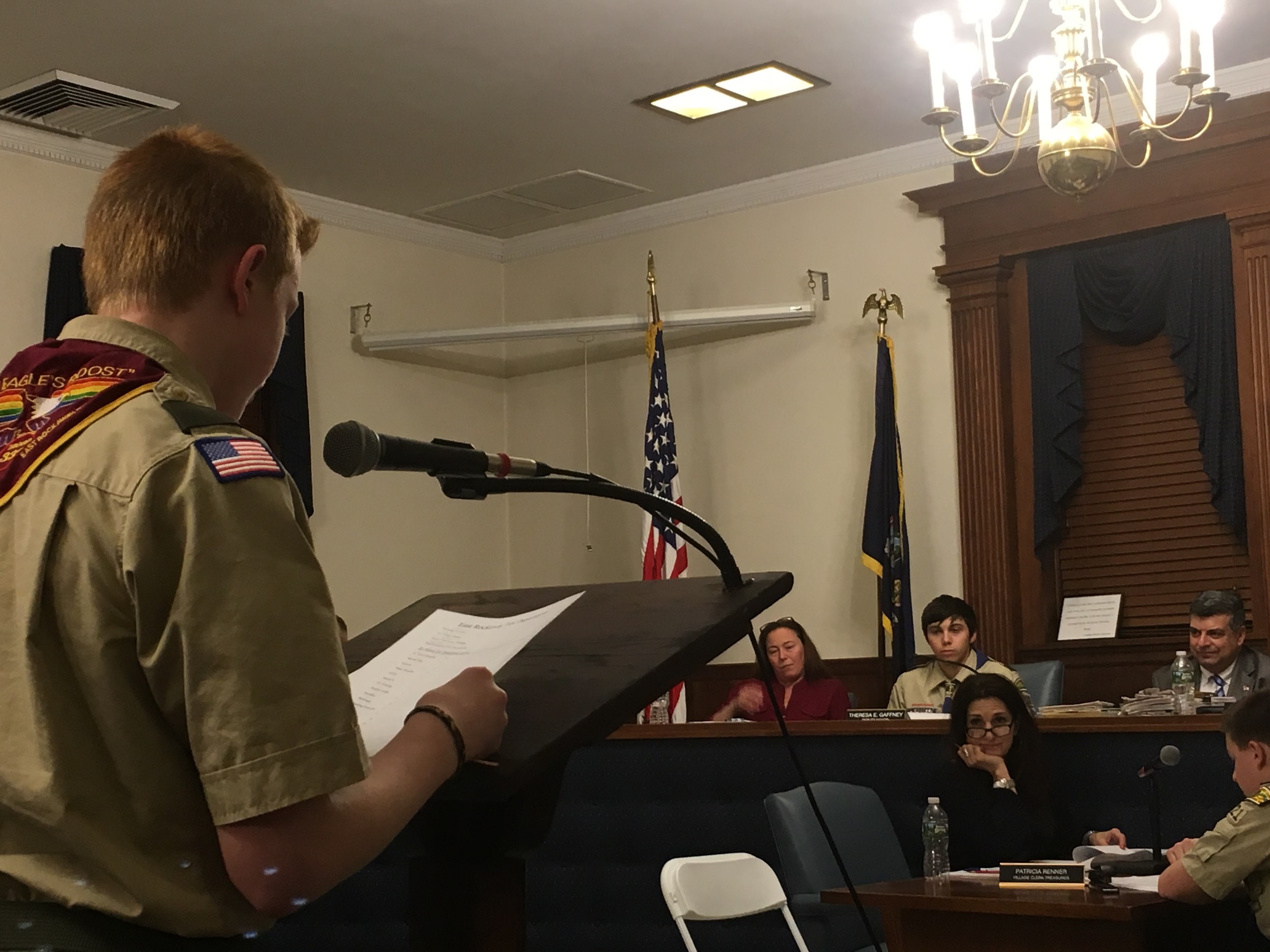 Brooks Honerkamp, 13, presented the East Rockaway Fire Department’s report to his older brother Frankie, 16, who was portraying the mayor.
