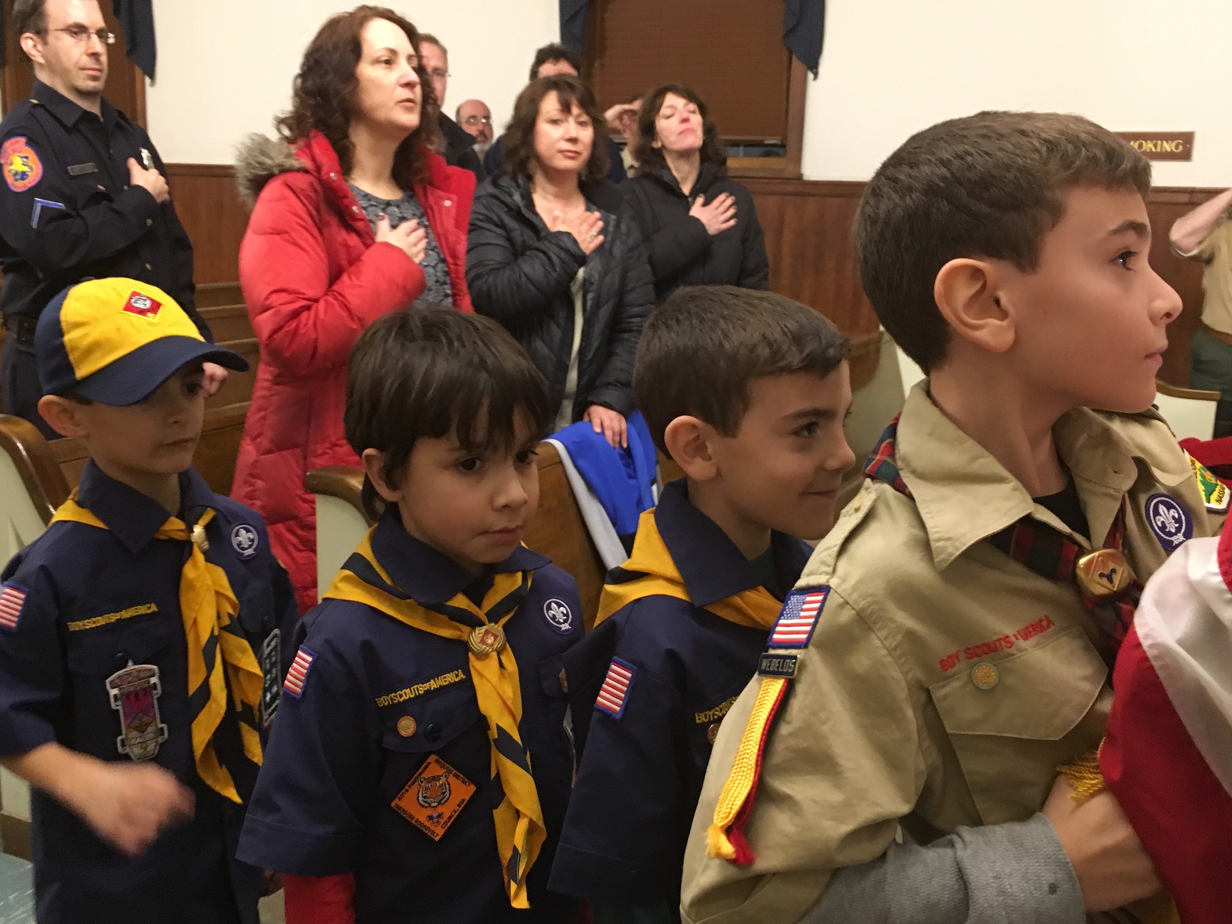 Boy Scouts led the Pledge of Allegiance at the Feb. 13 East Rockaway village board meeting.