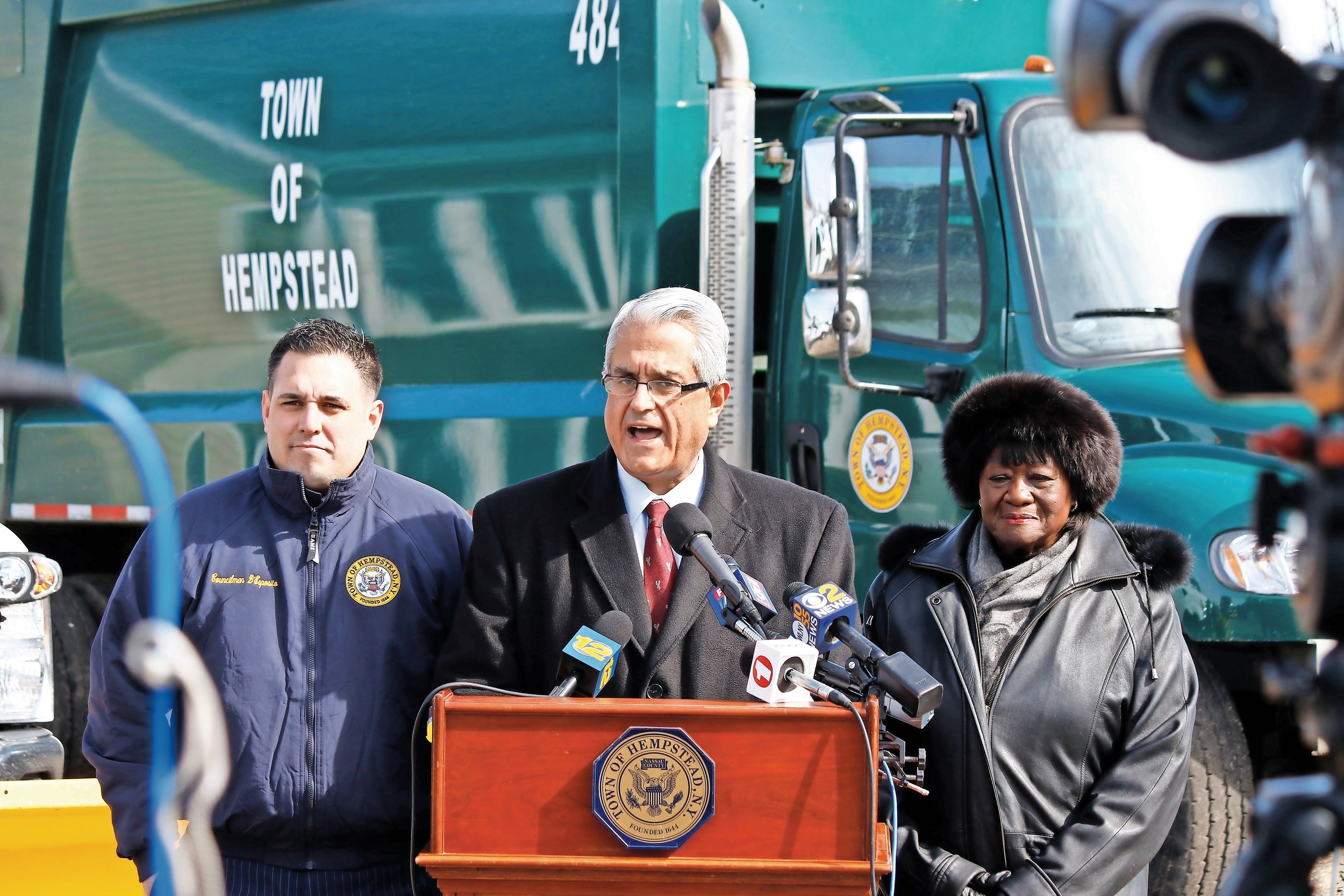 Town of Hempstead Supervisor Anthony Santino, center, urged people to stay home during Tuesday's predicted snowstorm, which he said would likely be the 'big one.' He was joined by, left, Councilman Anthony D'Esposito and Councilwoman Dorothy Goosby for a news conference in Point Lookout, where coastal erosion was possible.