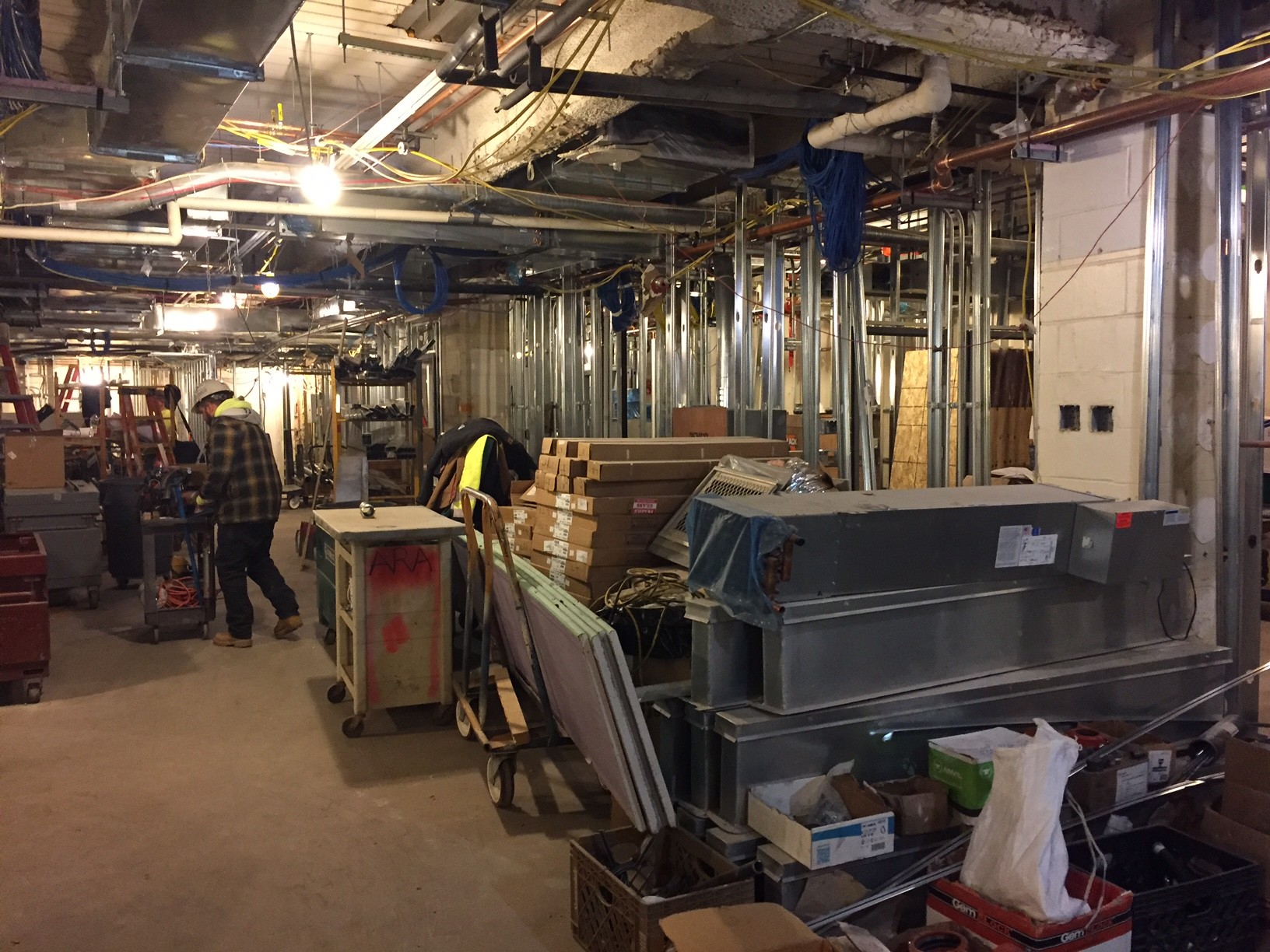 Workers are clearing a large machine room to free up 2,500 square feet for clinical space in South Nassau Communities Hospital’s emergency department.