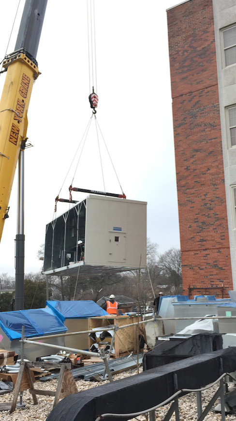 Mechanical units from the machine room are being moved to other areas of the hospital, including the roof.