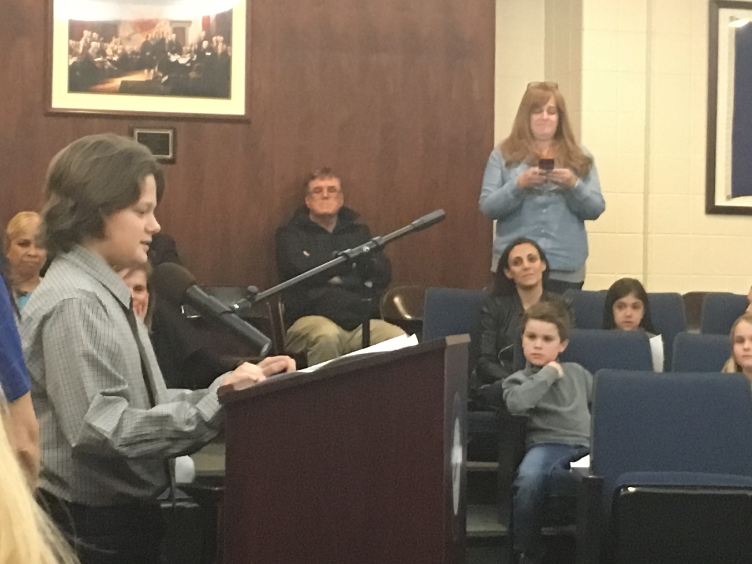 Gerardo Perna, a fifth-grader at Marion Street, spoke about the environmental reasons to tax plastic bags.