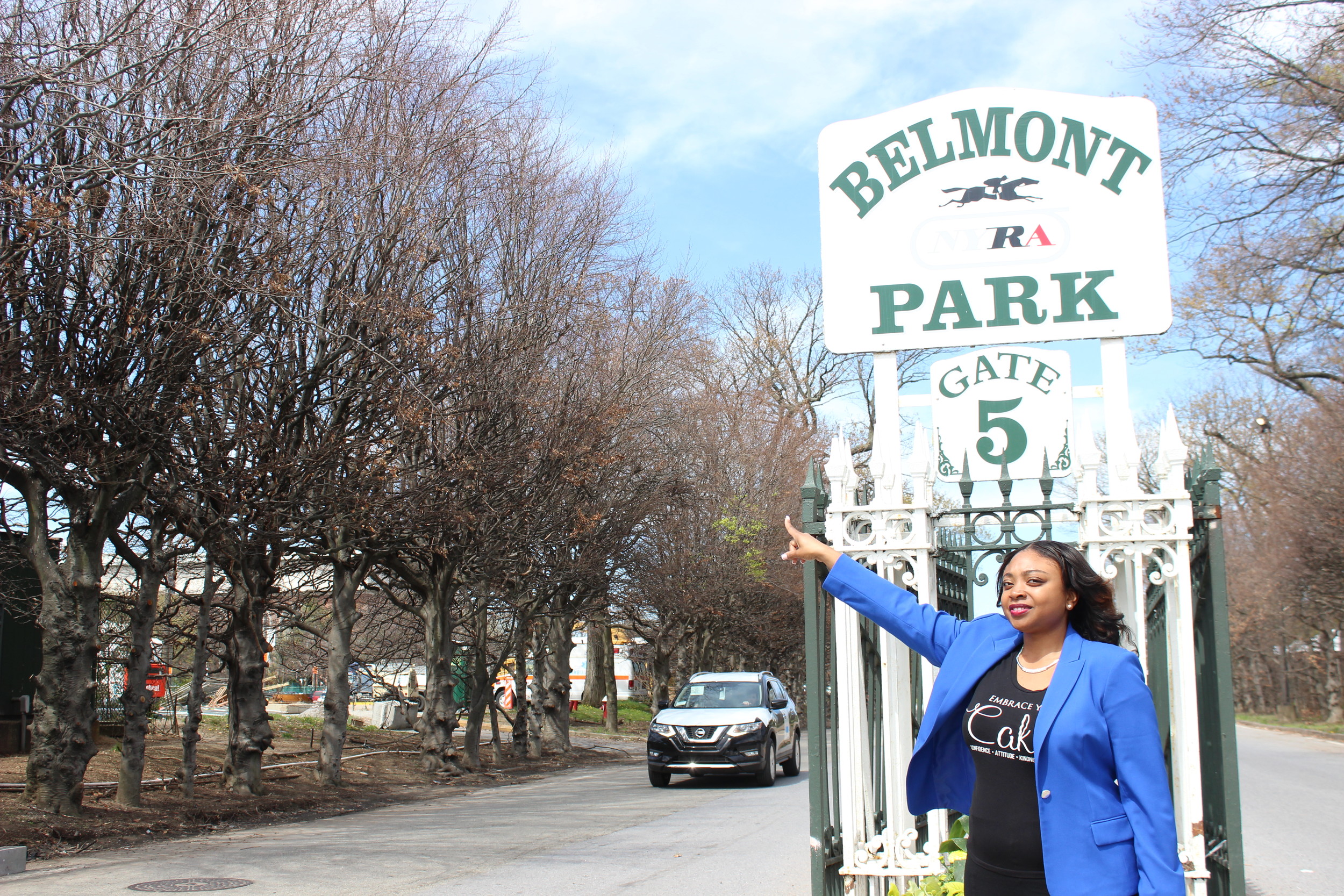 Elmont community activist Tammie Williams in front of Belmont Park in April.